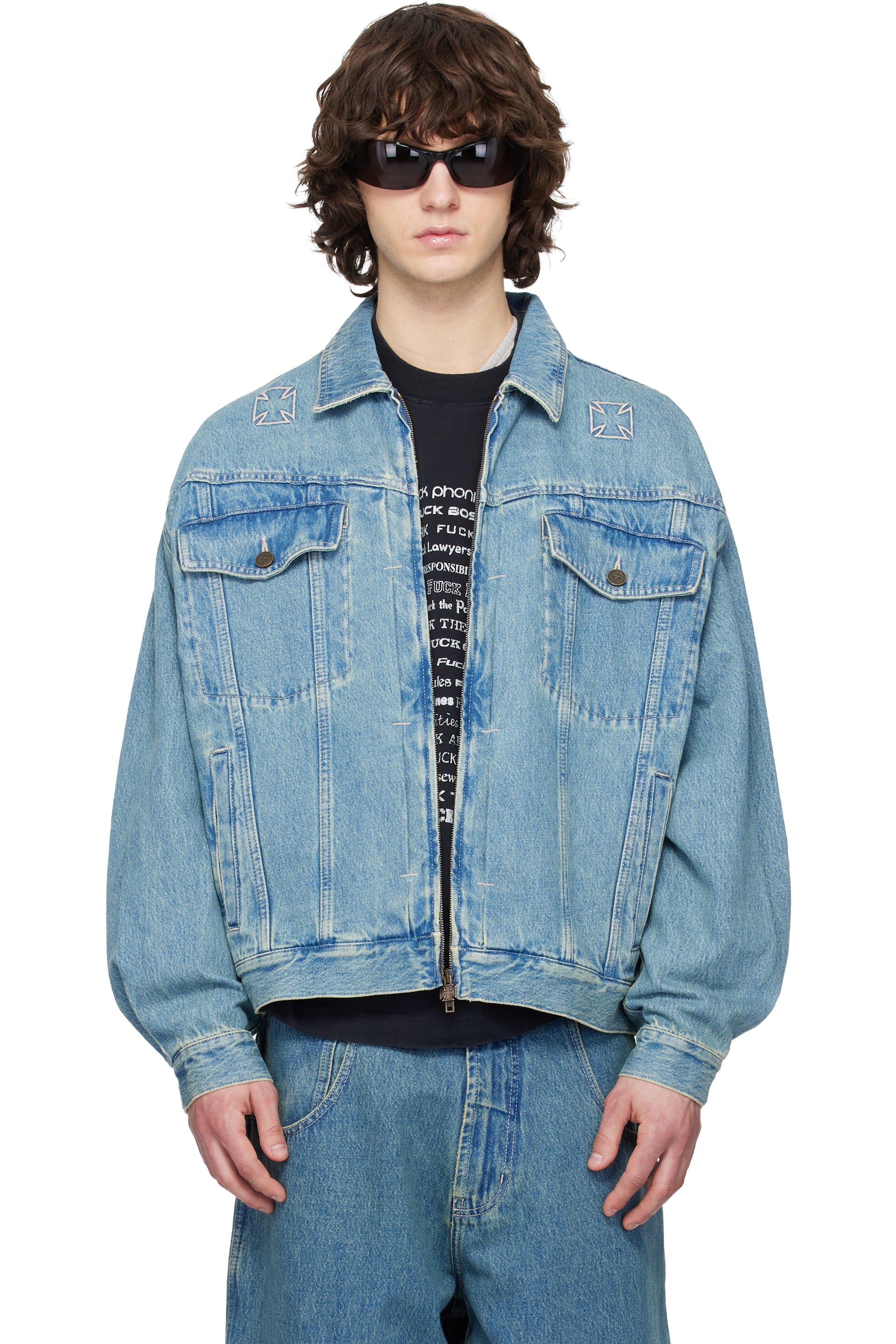 VETEMENTS - Blue Biker Crosses Denim Jacket