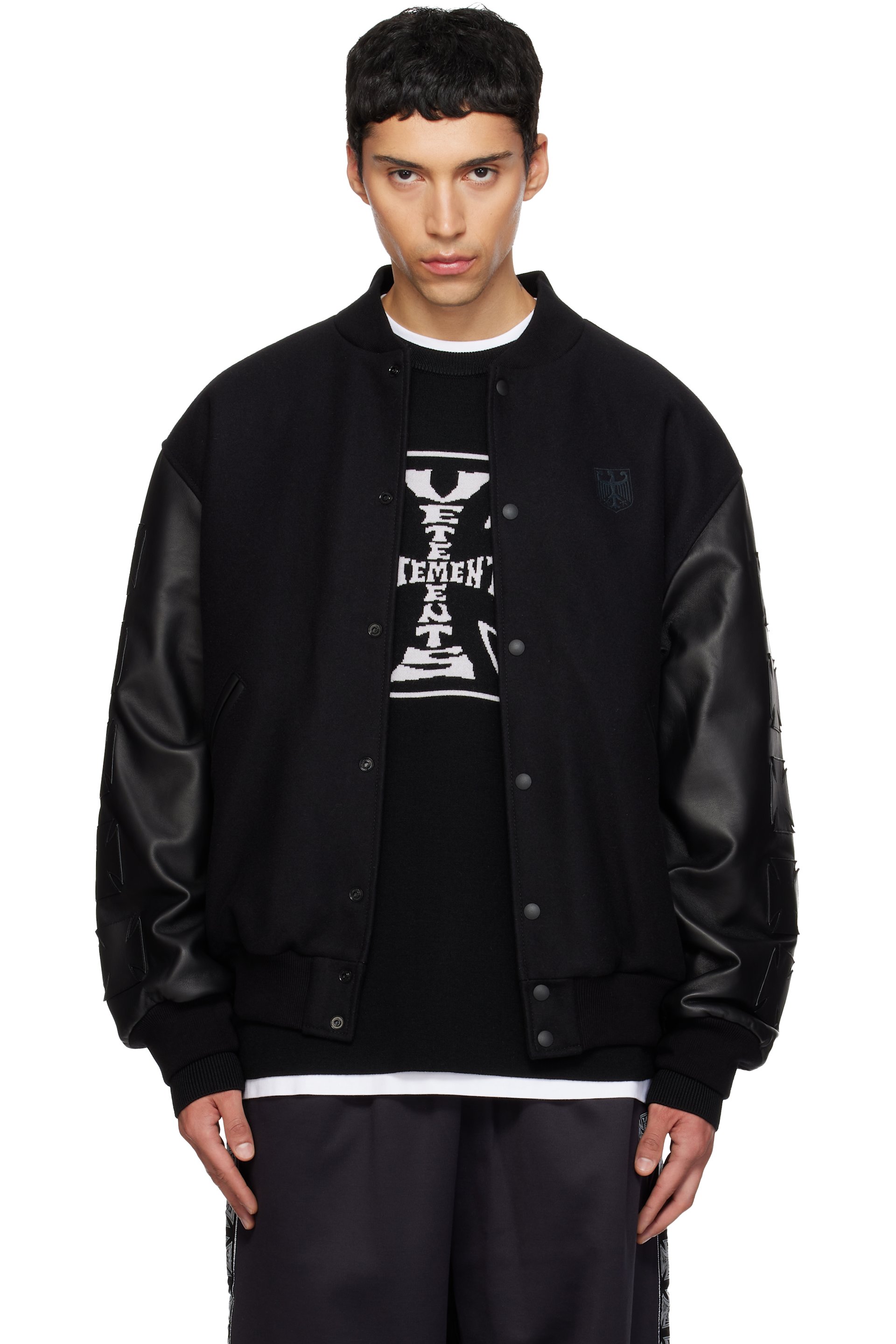 VETEMENTS - Black Biker Cross Embroidered Varsity Bomber Jacket