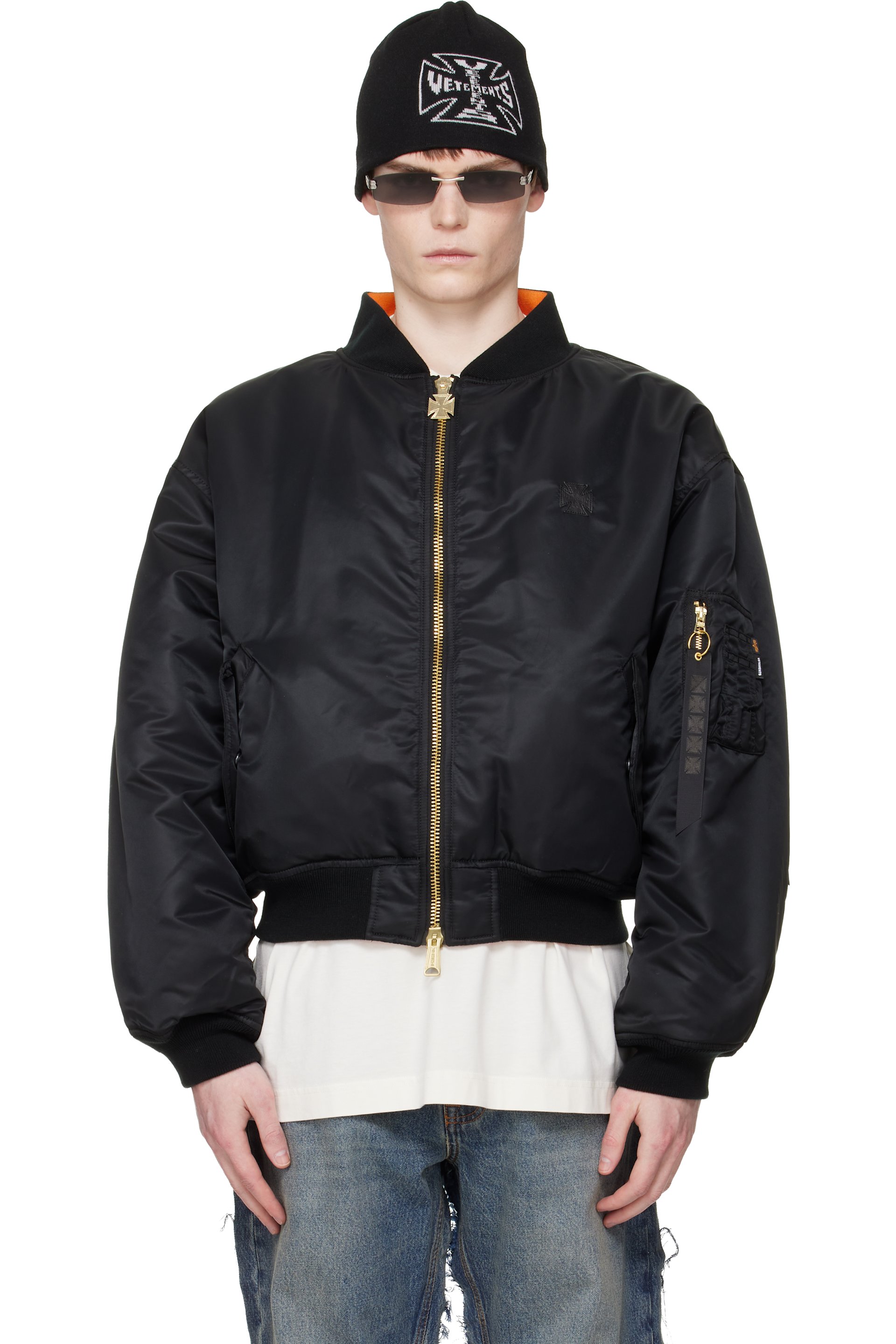 VETEMENTS - Black Leather Crosses Bomber Jacket