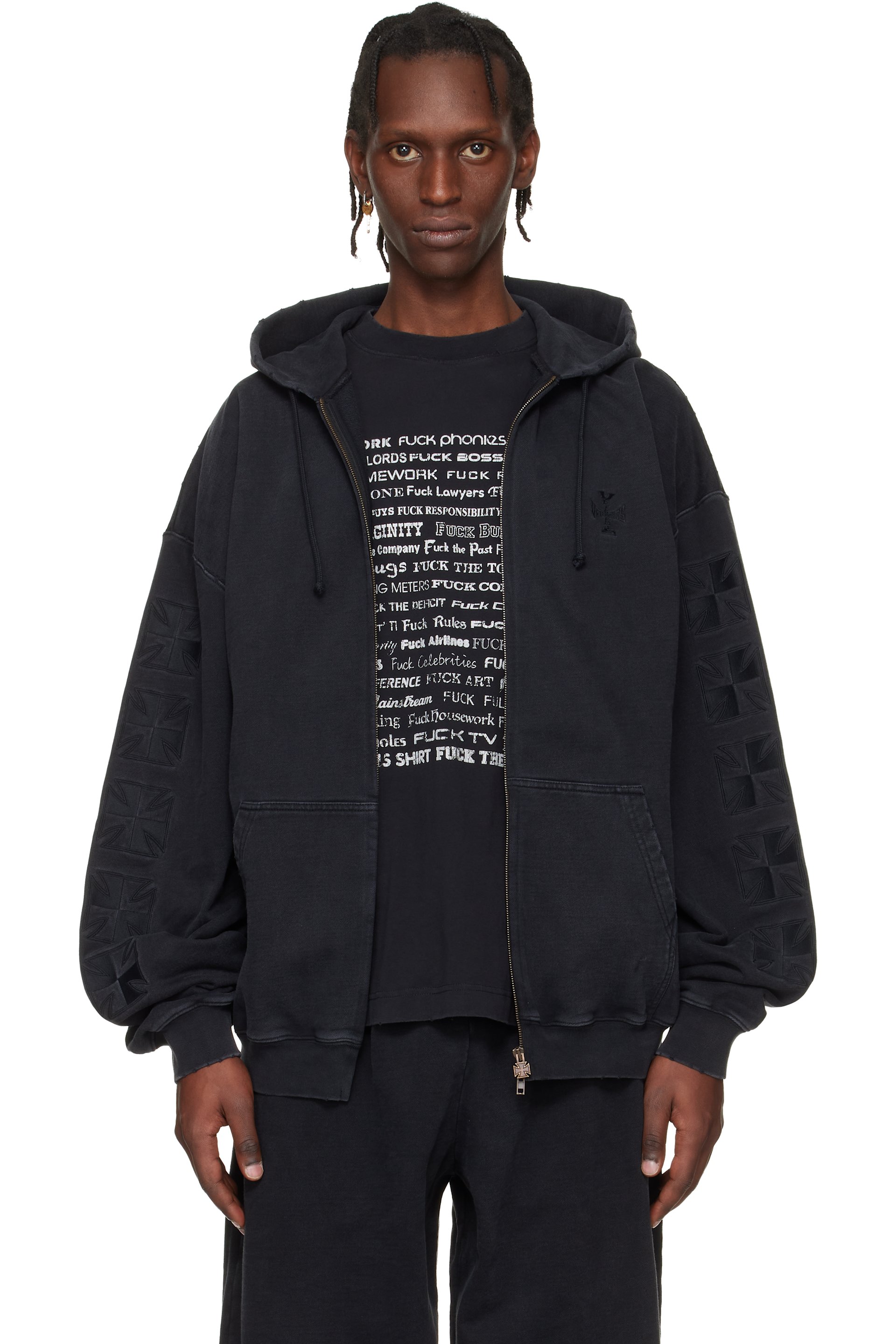 VETEMENTS - Black Embroidered Biker Cross Sleeves Zip-Up Hoodie