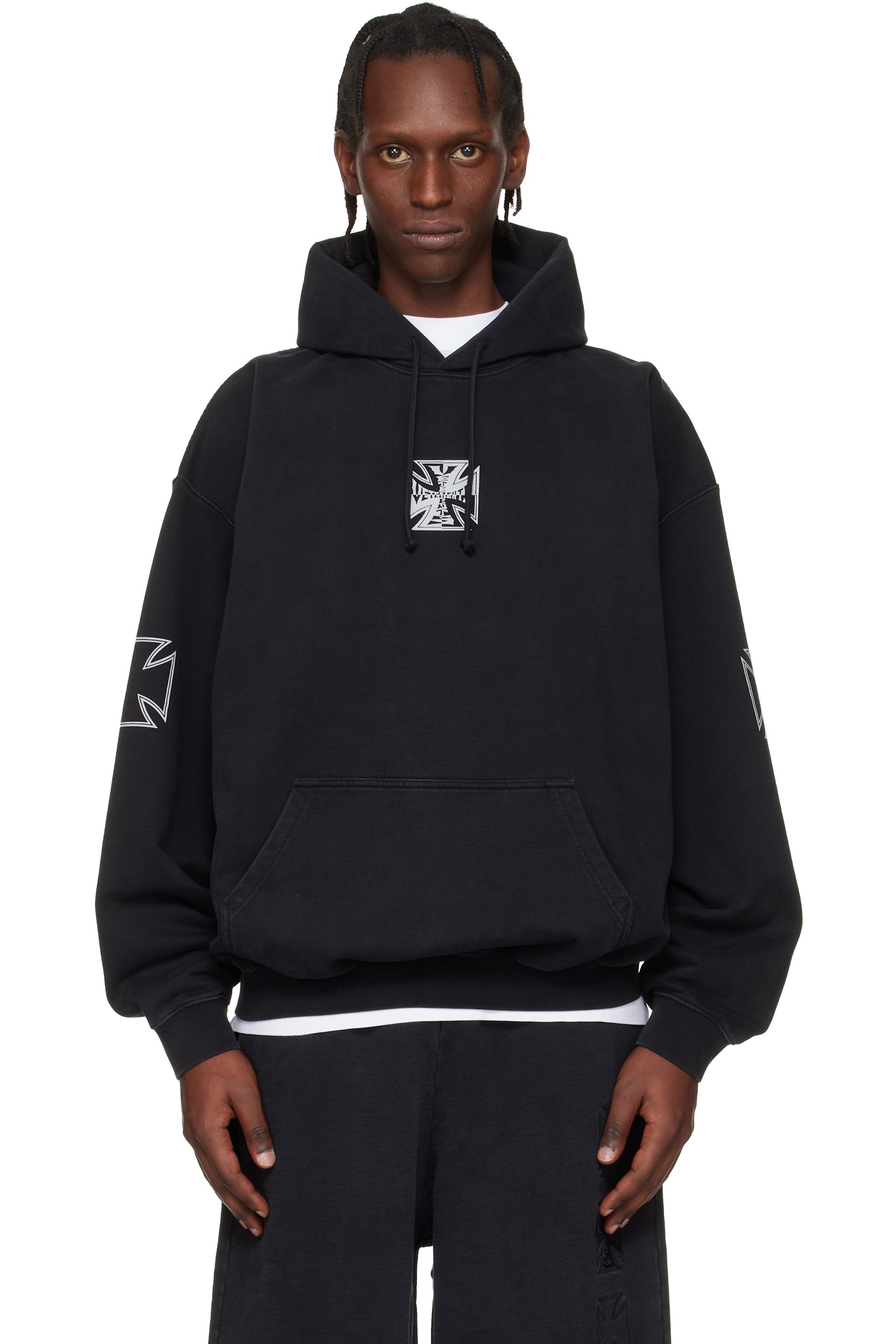 VETEMENTS - Black Triple Biker Cross Logo Hoodie