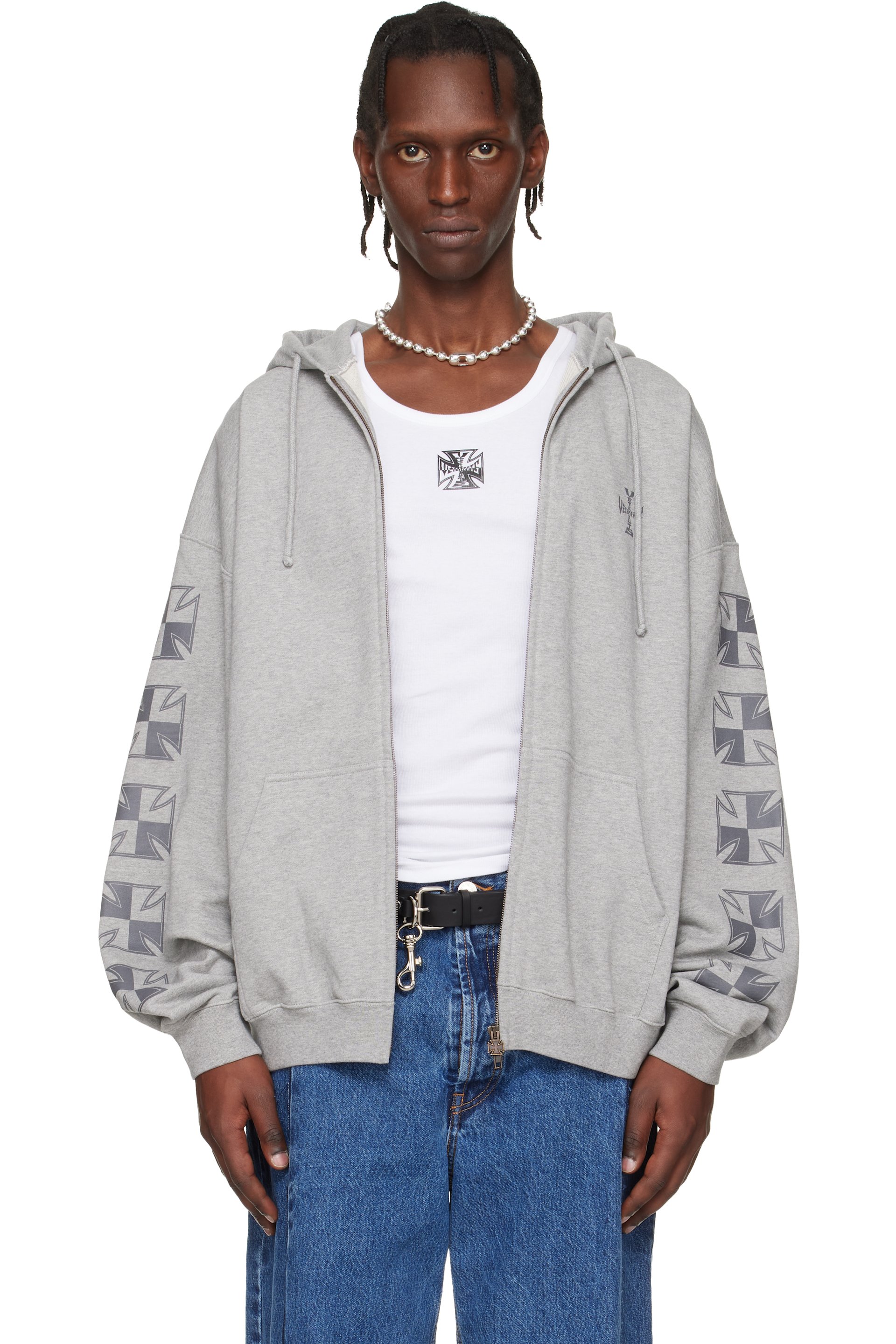 VETEMENTS - Gray Biker Cross Sleeves Zip-Up Hoodie