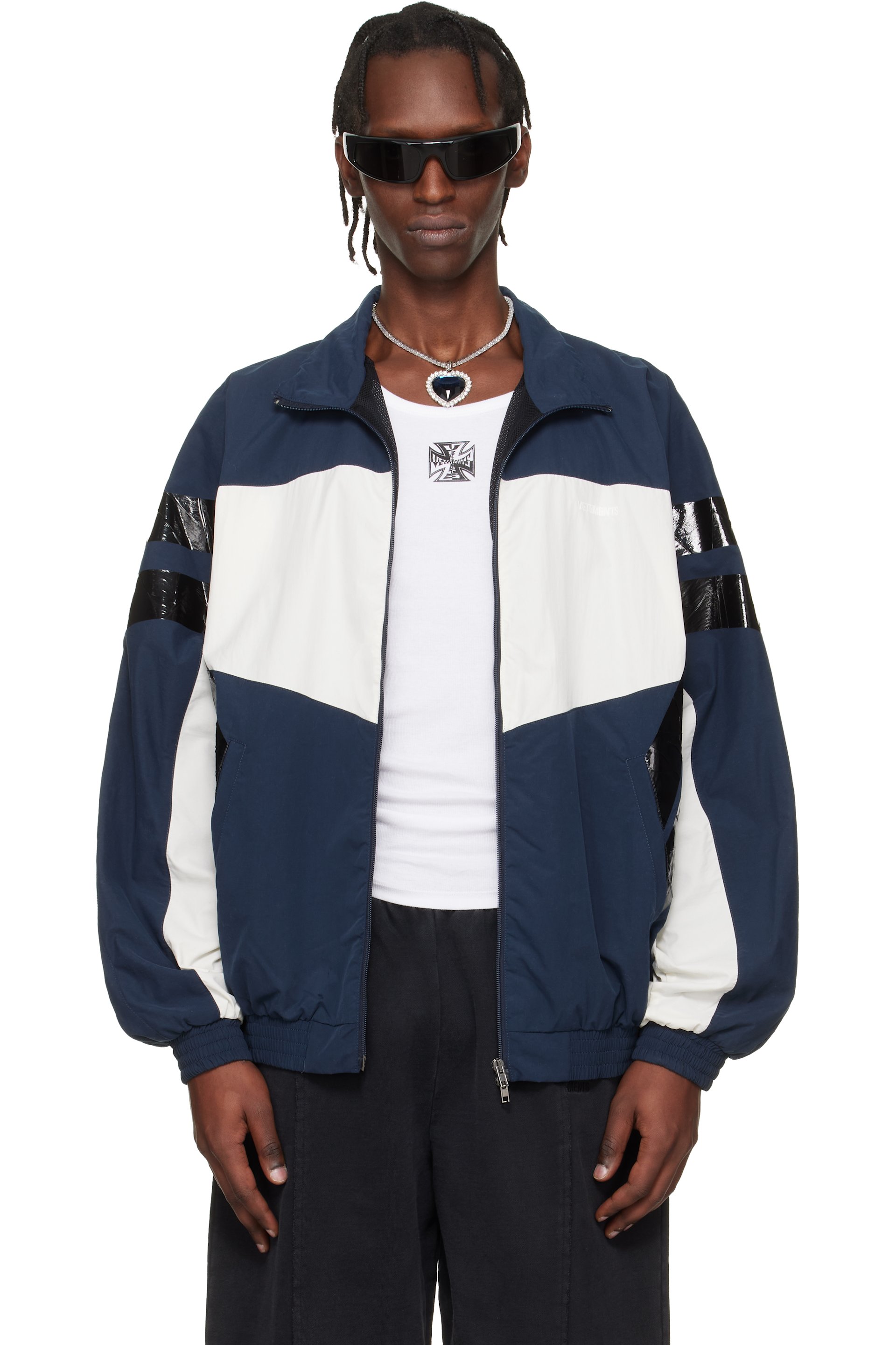 VETEMENTS: Navy & White Taped Track Jacket | SSENSE