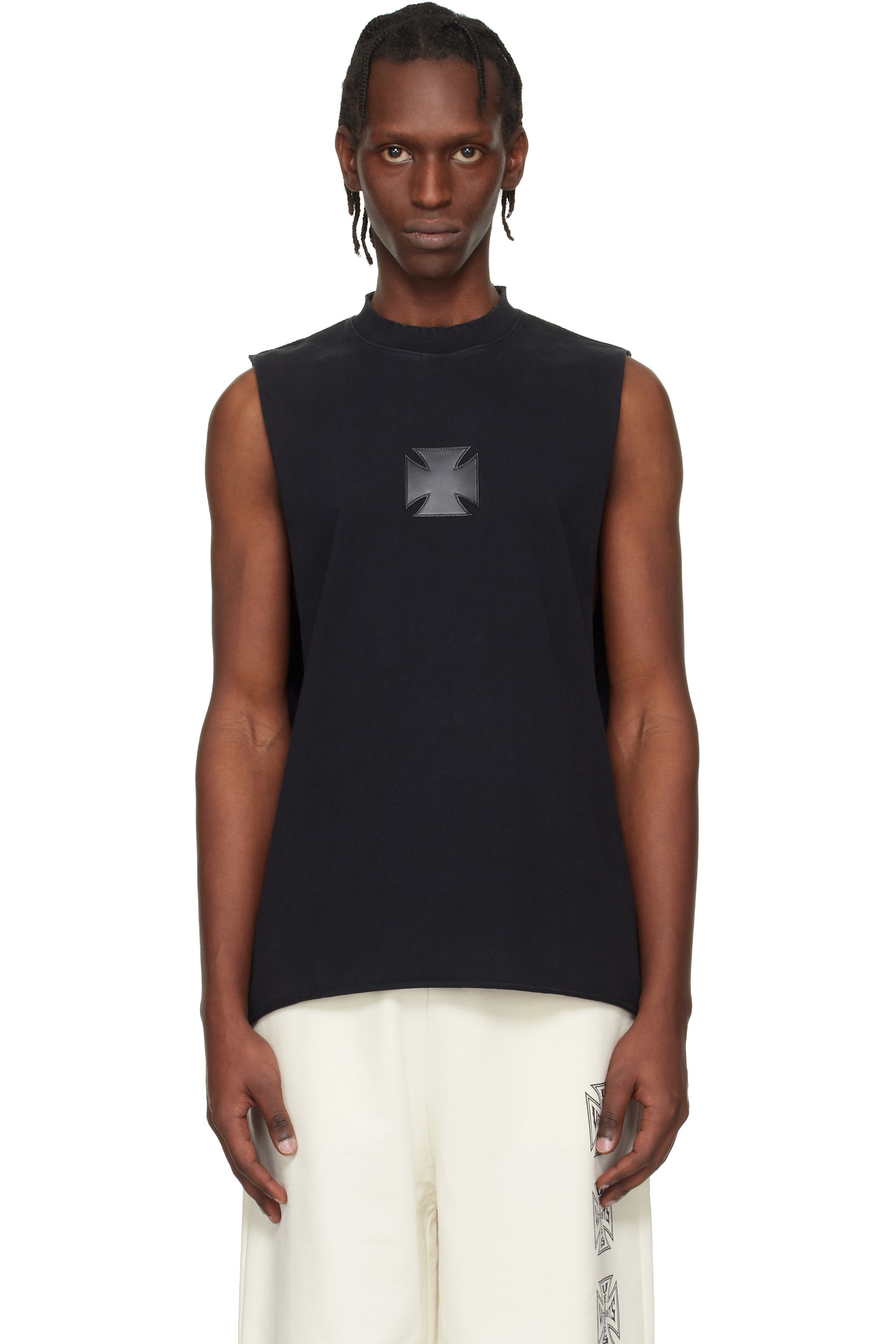 VETEMENTS: Black Biker Logo Leather Cross Interlock Tank Top | SSENSE