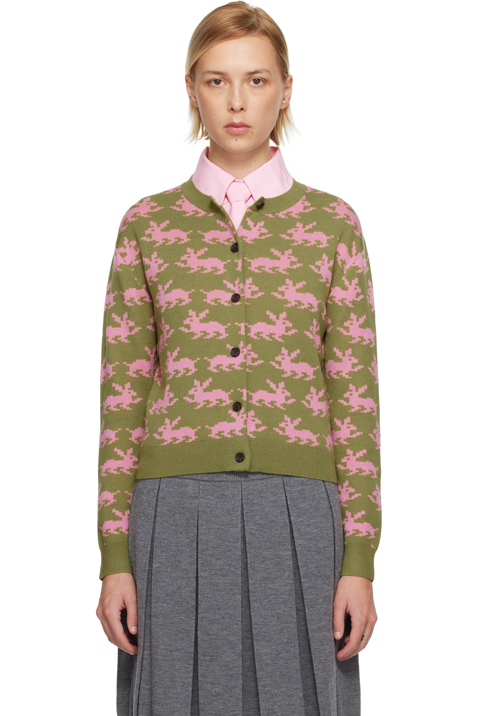 Sandy Liang - Cardigan Bouchette kaki et rose