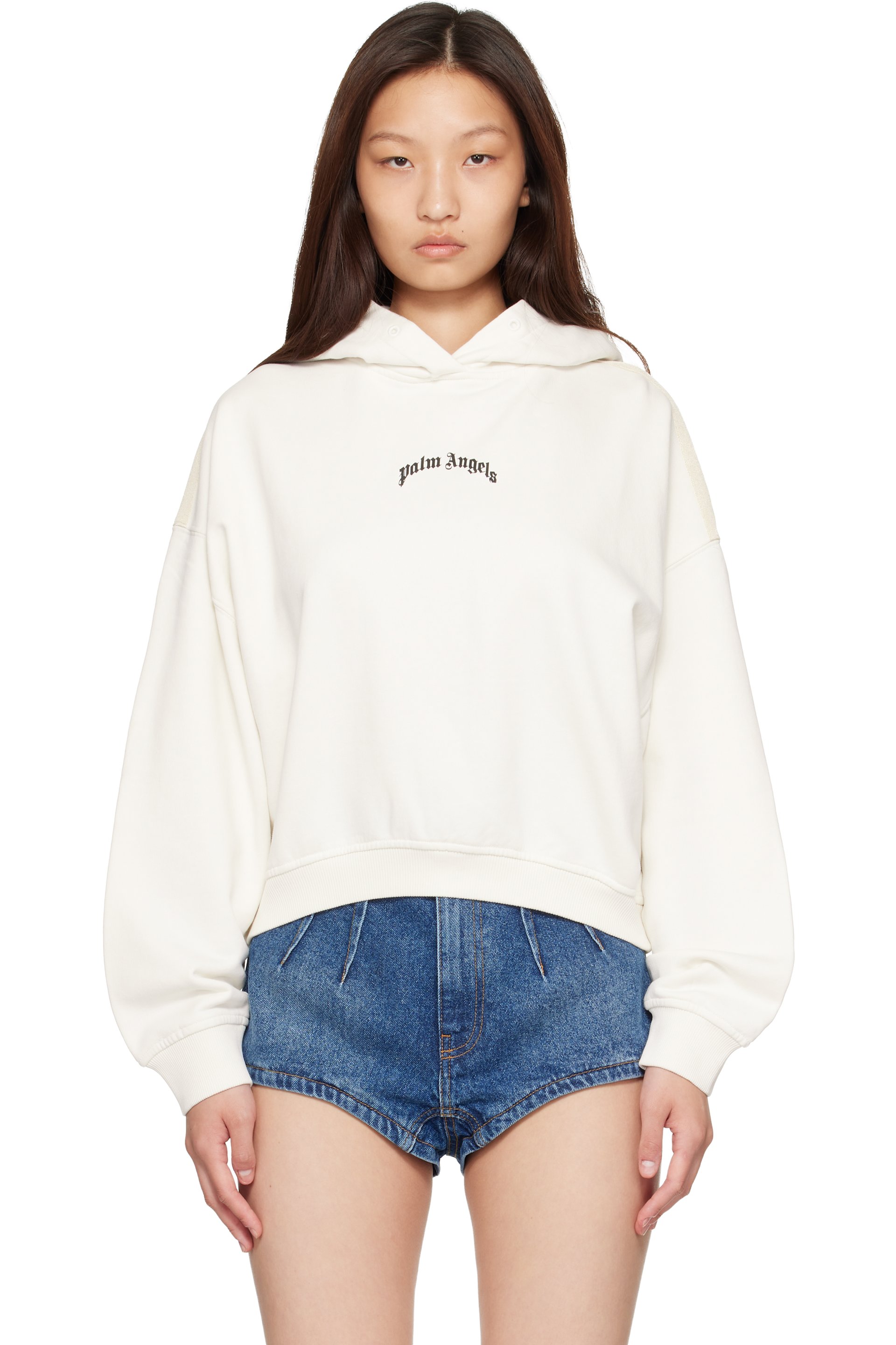 Palm Angels - Pull à capuche écourté et décontracté blanc cassé à logo incurvé