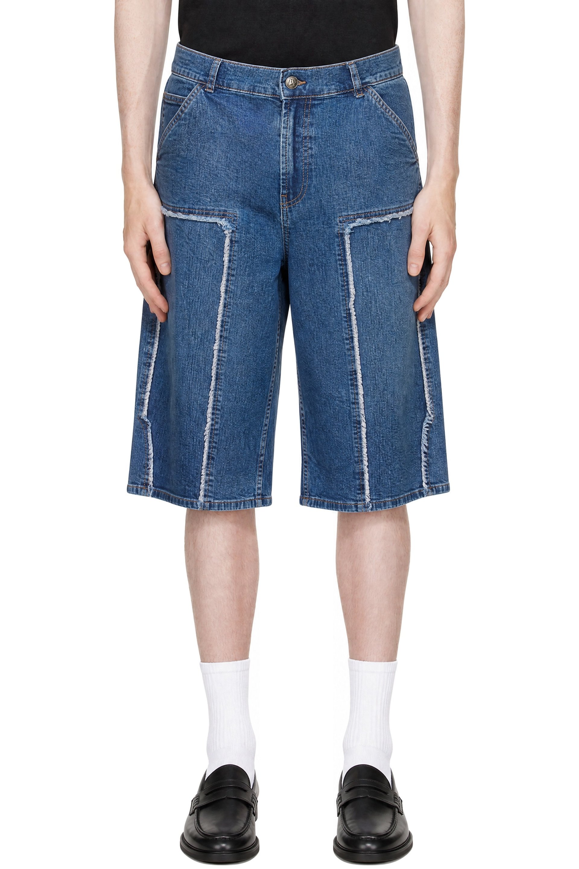 Palm Angels - Blue Curved Logo Denim Skater Shorts