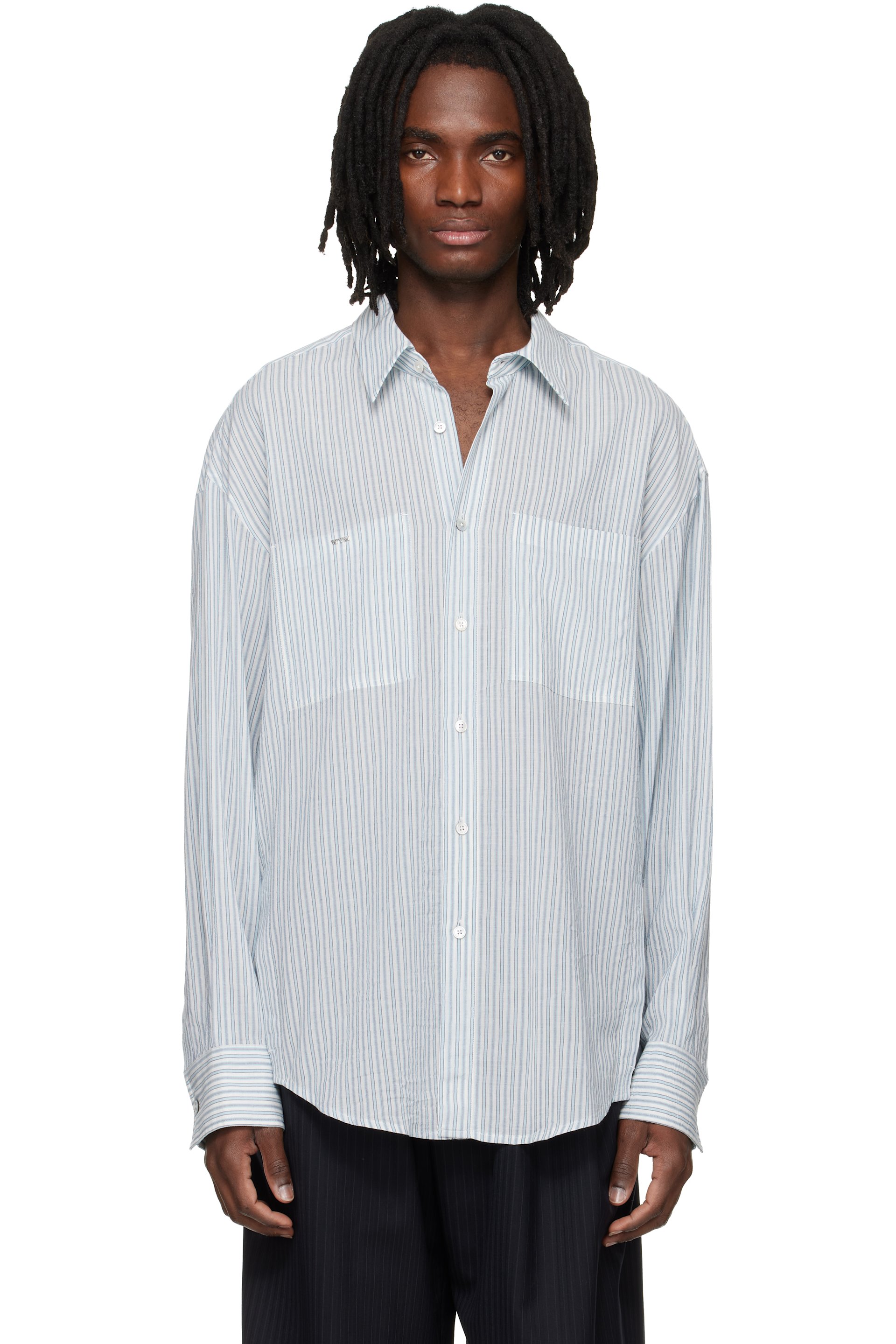 希少 美品 GOODENOUGH BACK LOGO STRIPE SHIRTS WOOYOUNGMI: Blue Stripe Back Logo Shirt | SSENSE