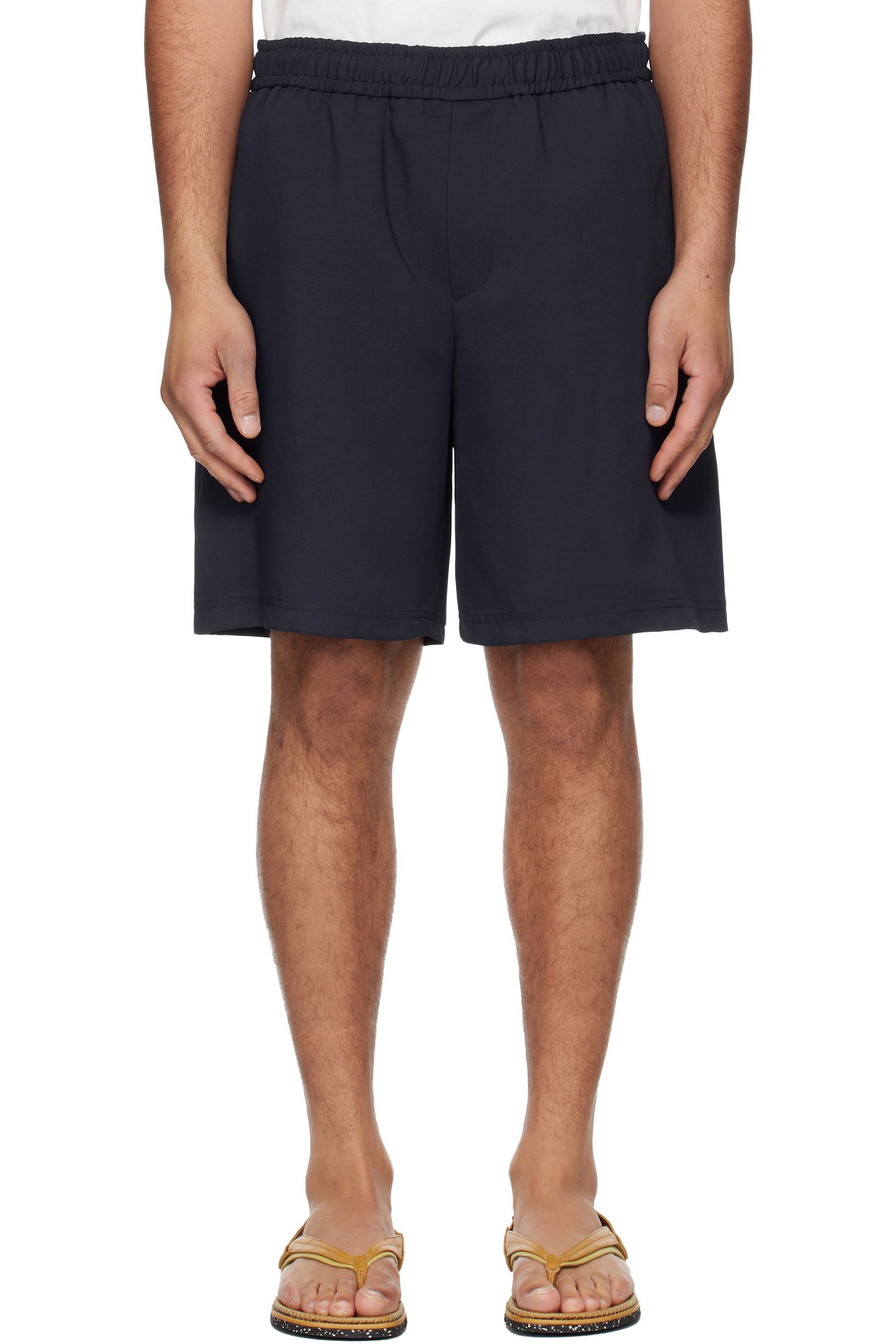 WOOYOUNGMI - Navy Embroidered Logo Twill Shorts