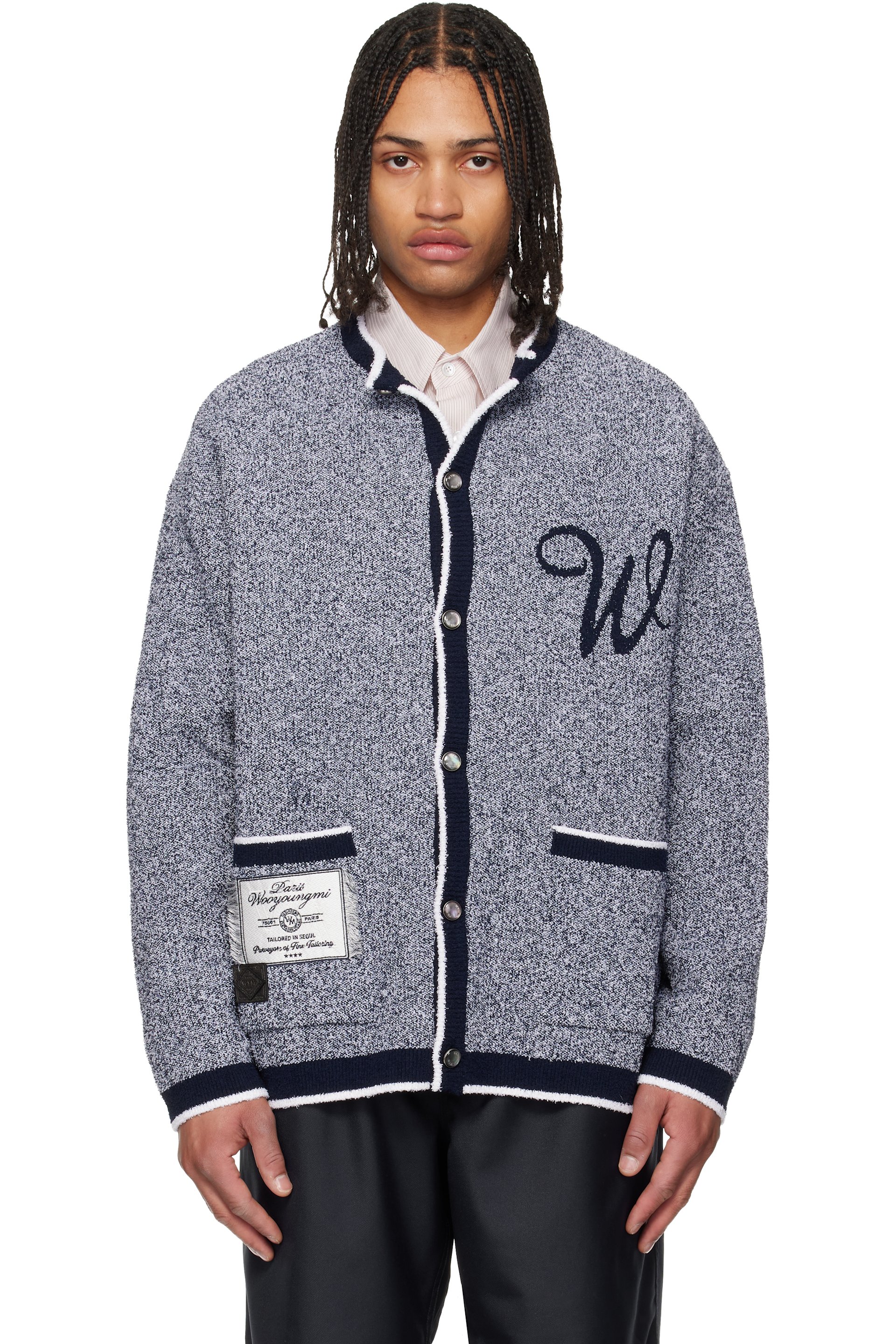 WOOYOUNGMI - Navy Round Neck Logo Cardigan