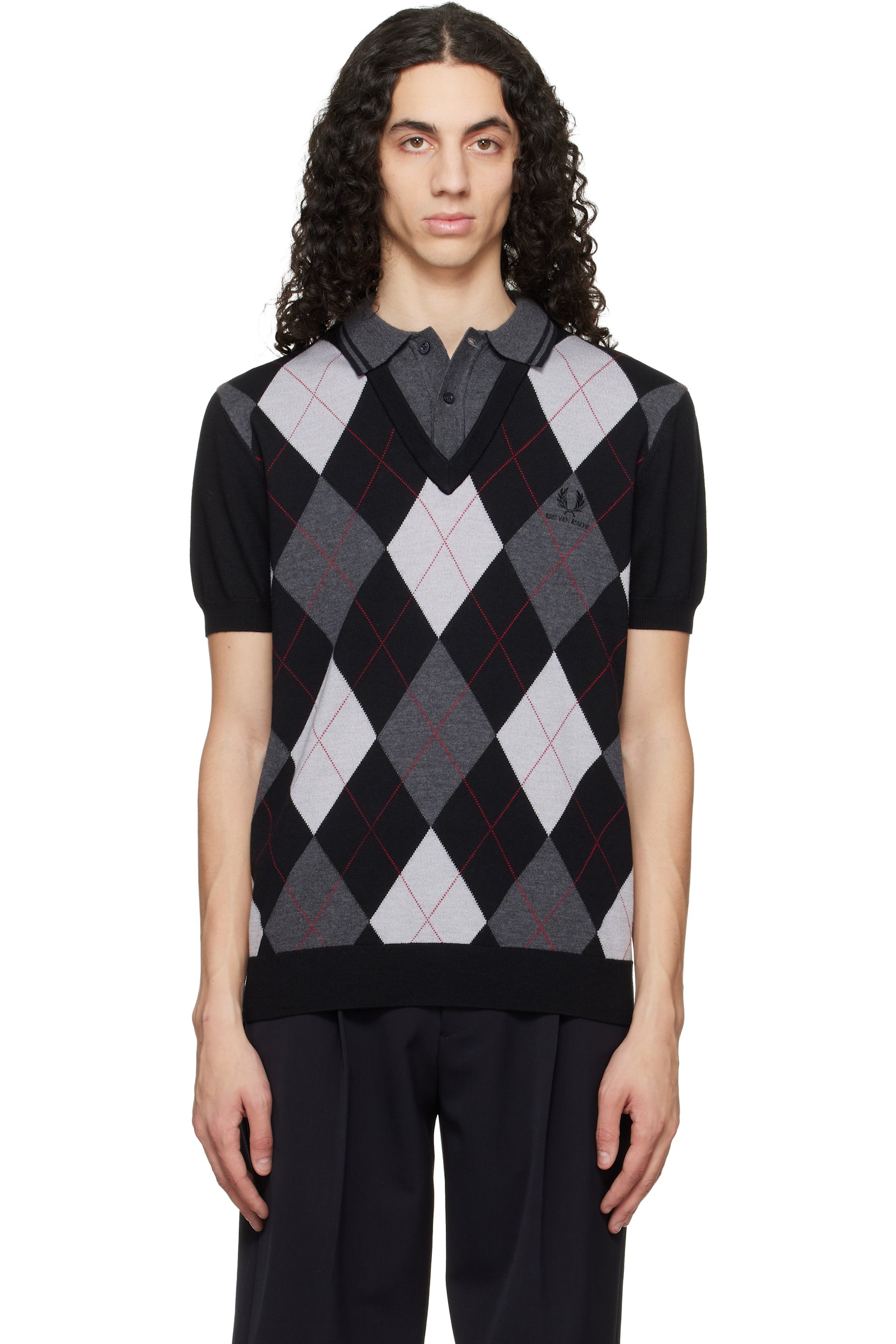 Fred Perry - Black & Gray Kris Van Assche Edition Argyle Knitted Polo