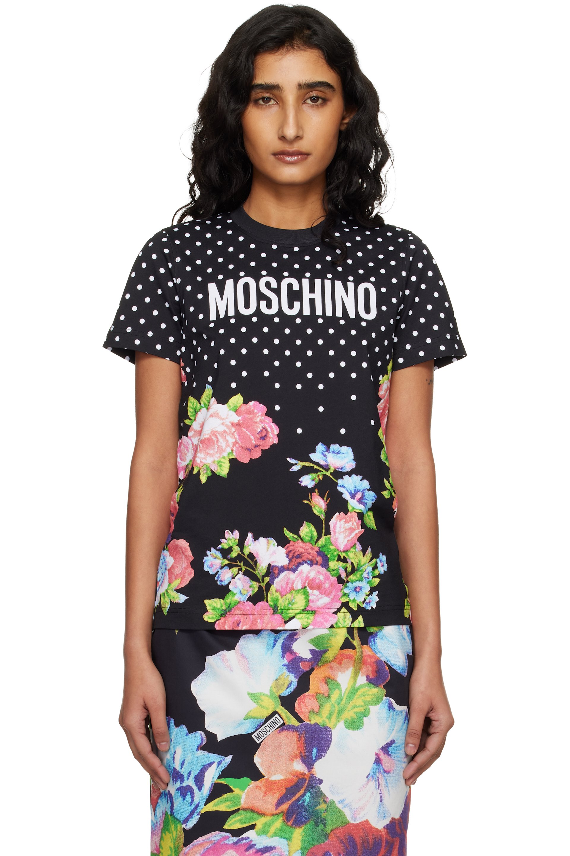 Moschino - 블랙 프린트 오가닉 코튼 저지 티셔츠