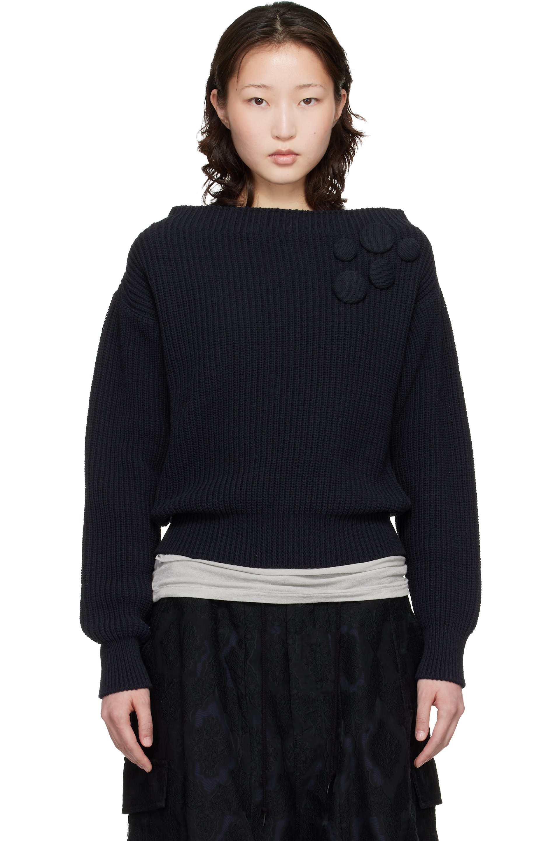 OPEN YY - Pull bleu marine en tricot à écussons
