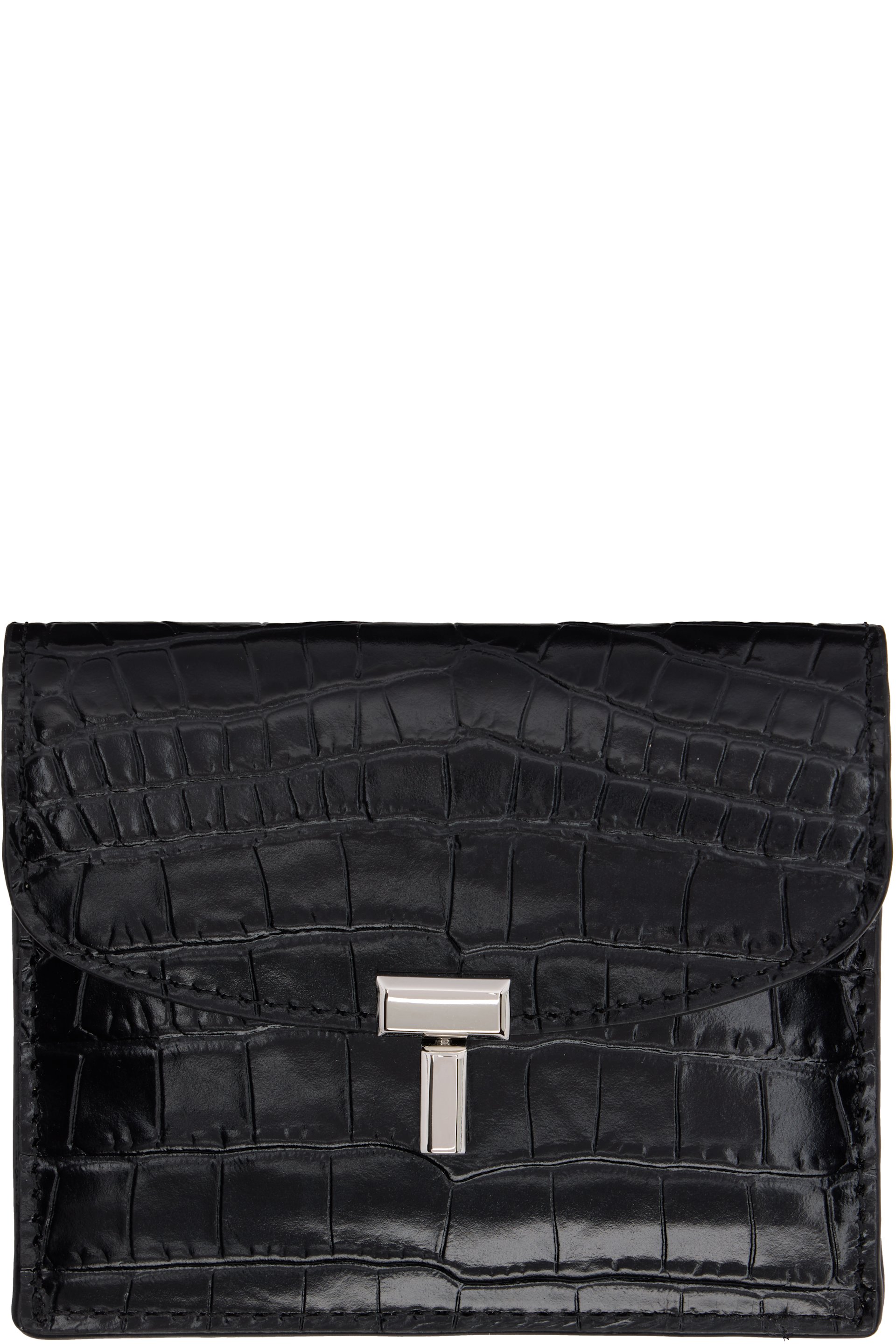 TOTEME - Porte-carte noir gaufré façon croco à fermoir à verrou tournant en T