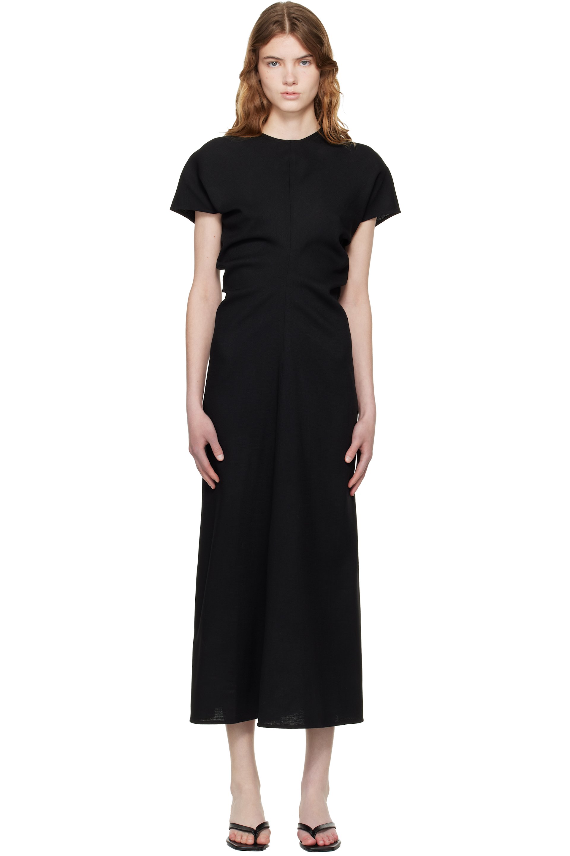 TOTEME - Robe longue noire en laine à taille drapée