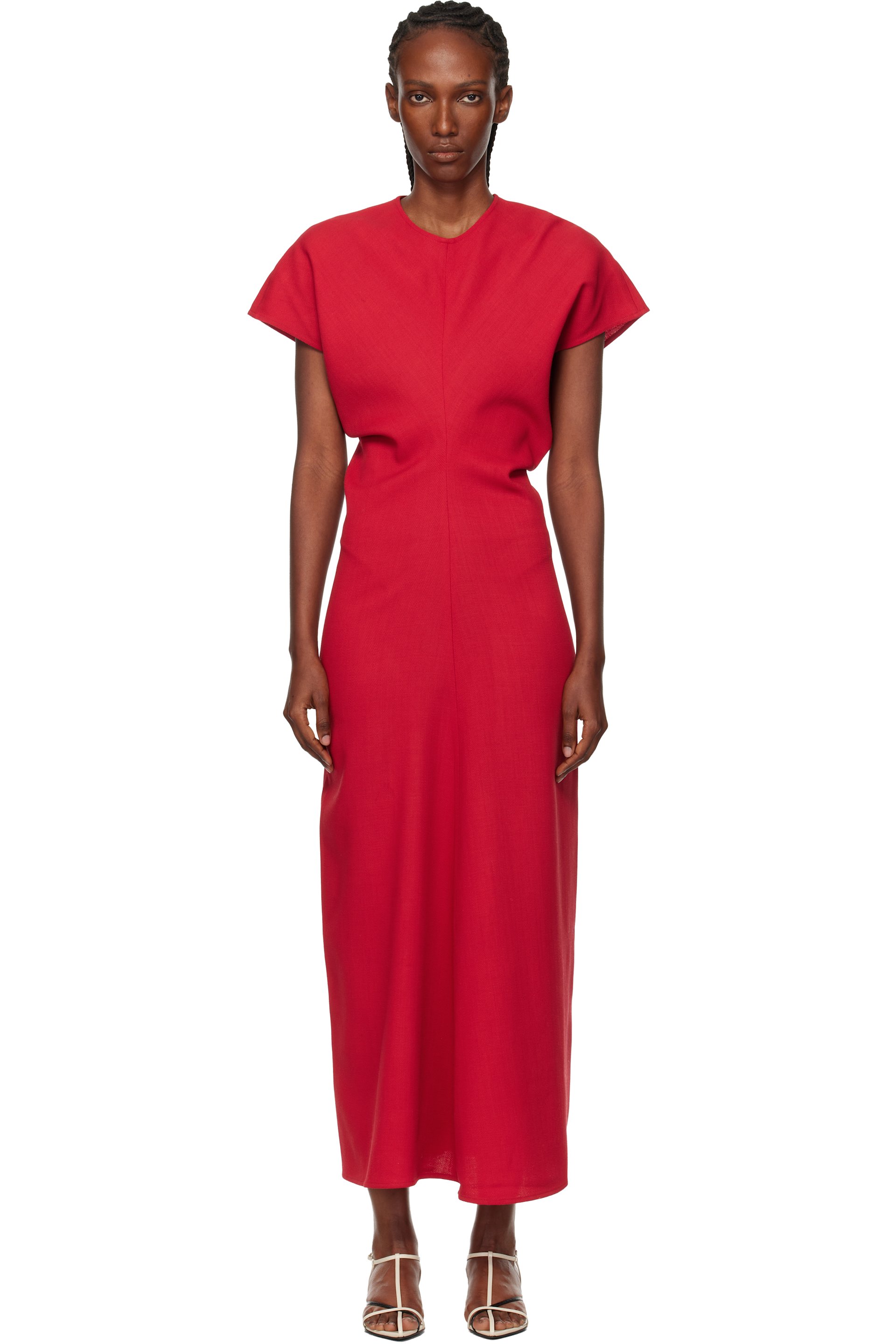 TOTEME - Robe longue rouge en laine à taille drapée