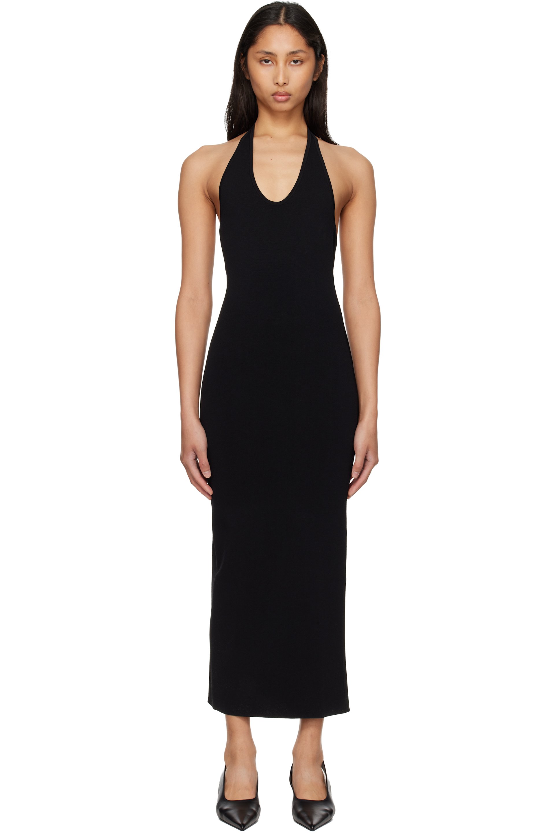TOTEME - Black Compact Knit Halter Midi Dress