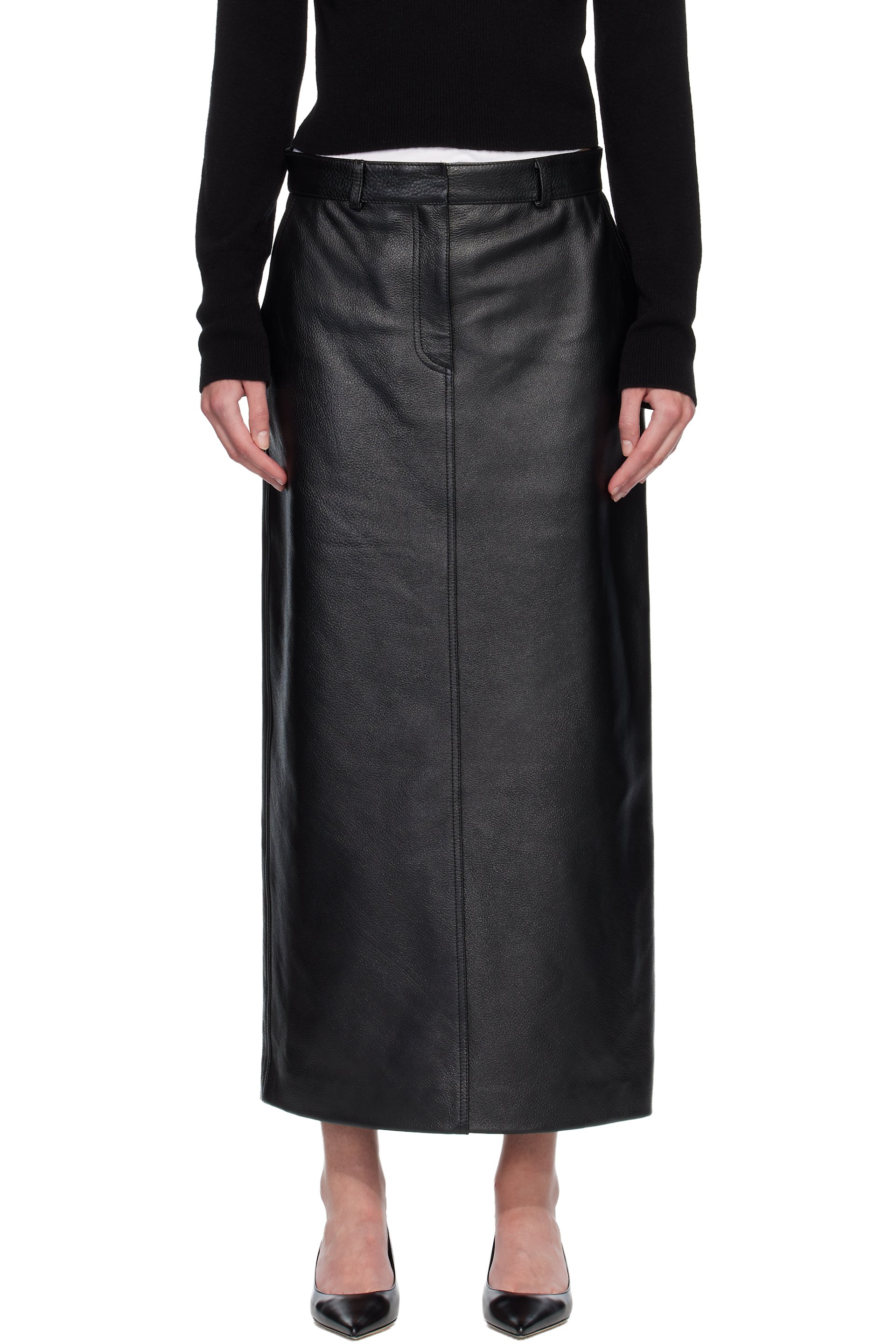 TOTEME - Jupe midi droite noire en cuir grainé