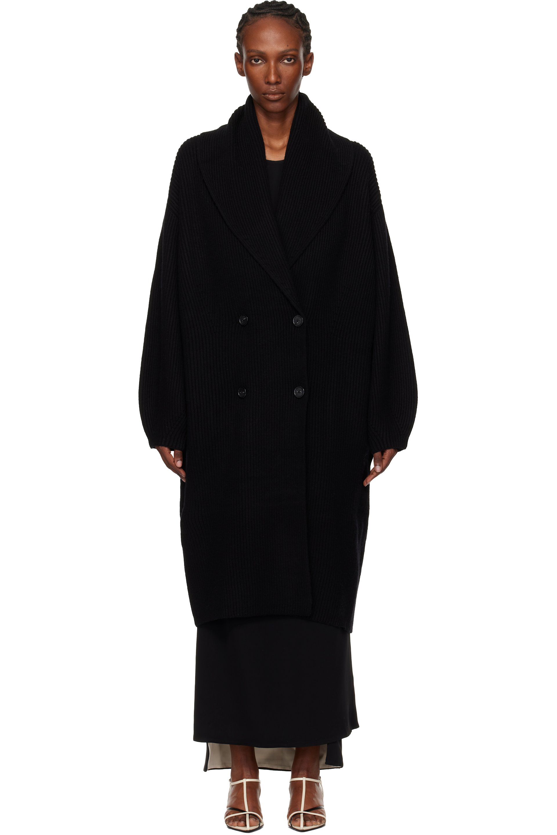 TOTEME - Cardigan long noir à revers de style châle