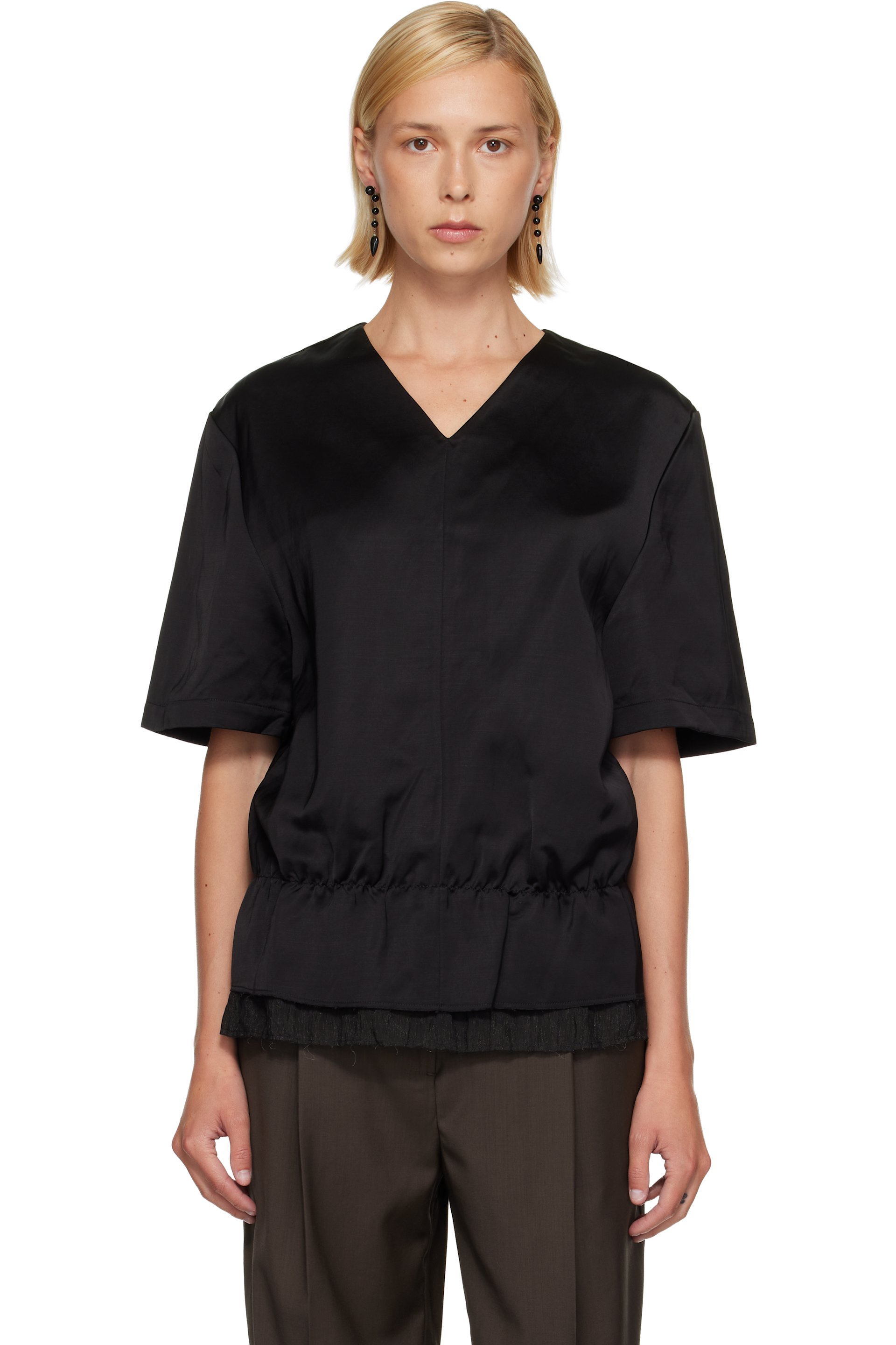 TOTEME - Black V-Neck Satin Pullover Top