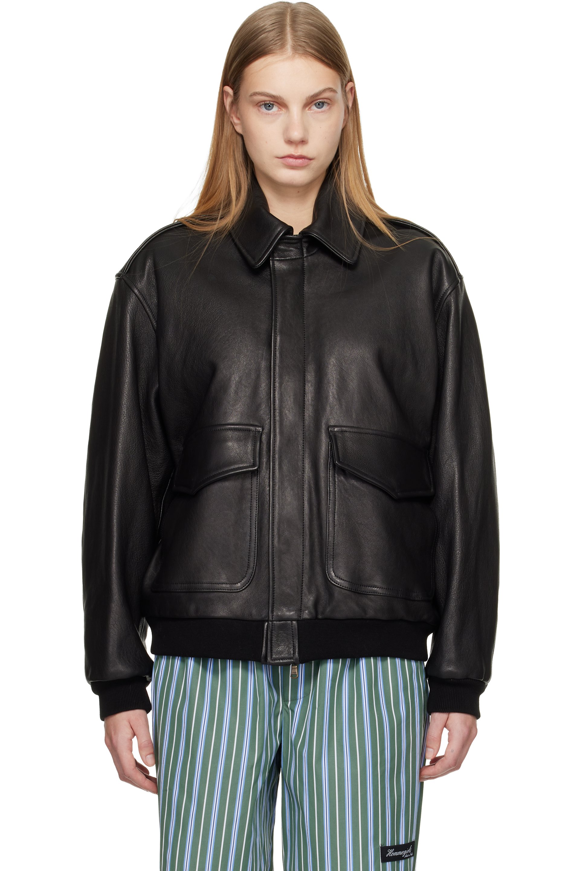 HommeGirls - Black Leather Bomber Jacket