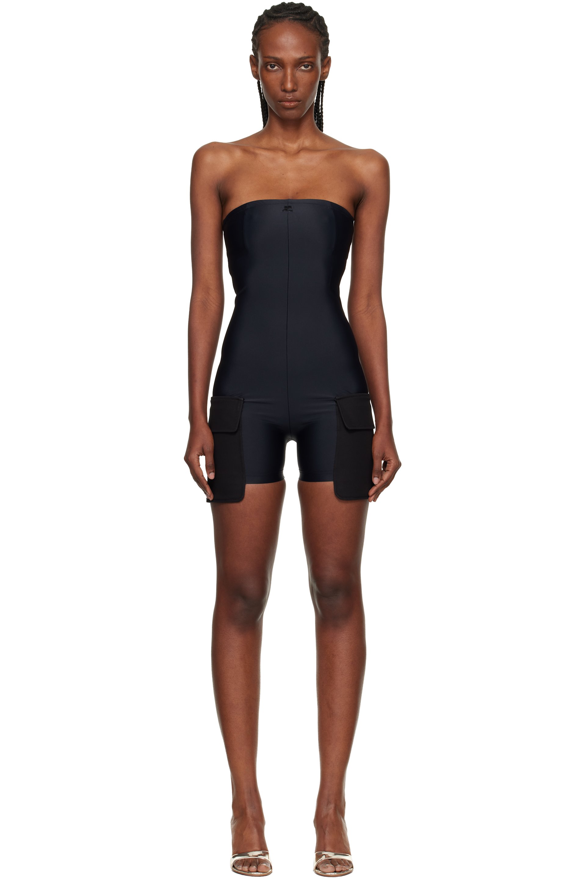 Courrèges - Combinaison de style bustier noire en jersey à deux poches