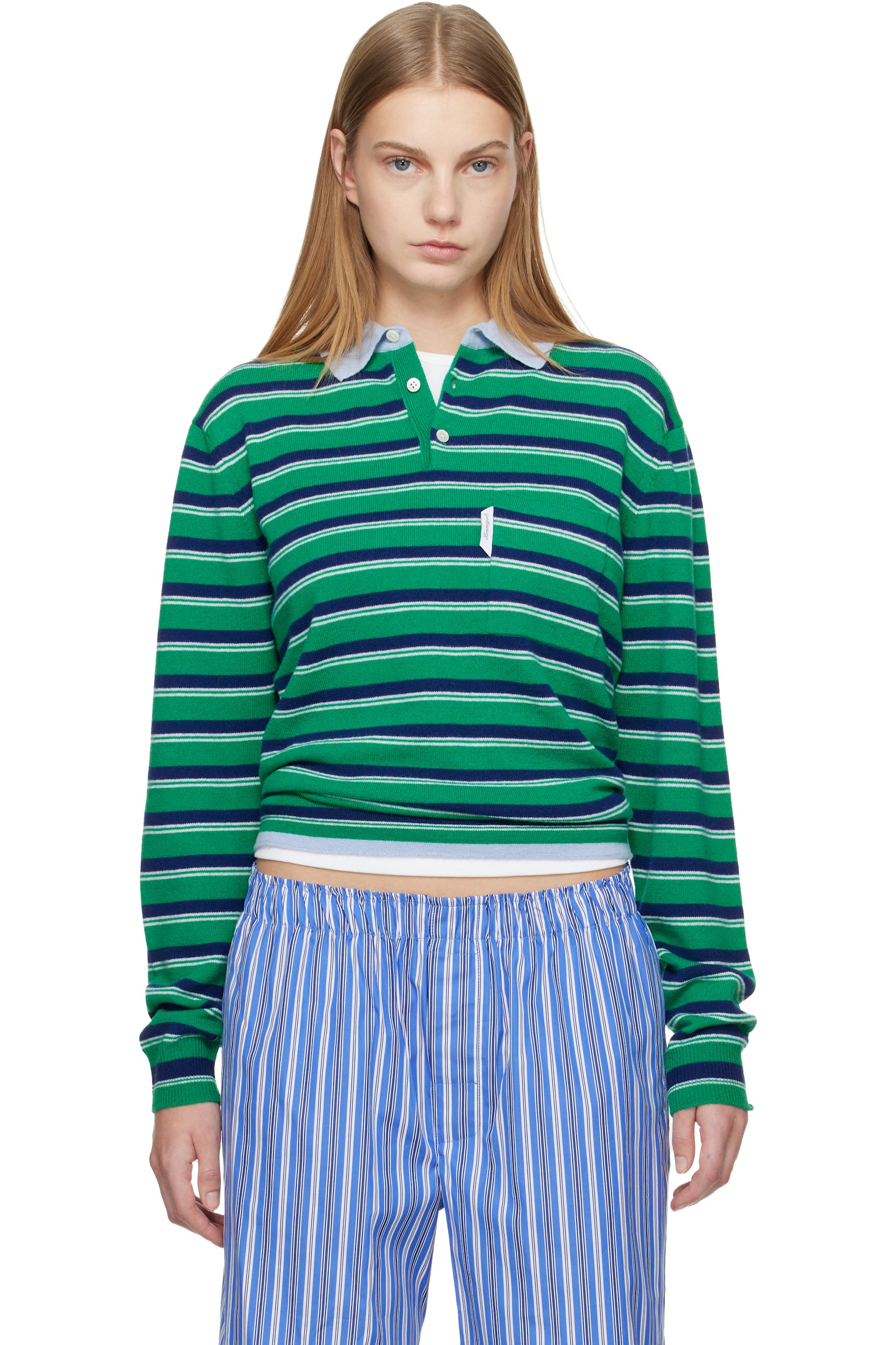 HommeGirls - Polo vert et bleu marine en tricot à rayures