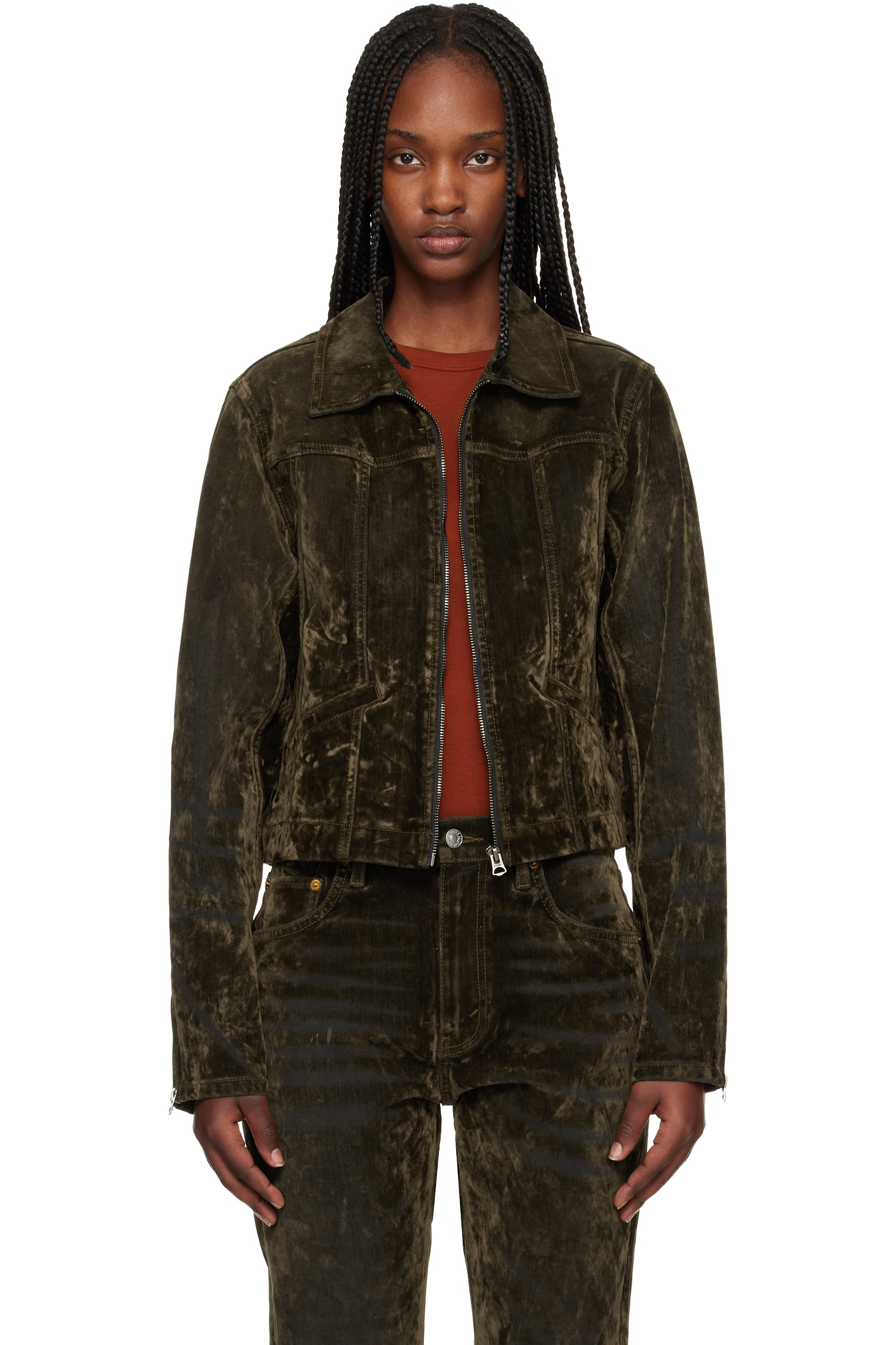 Re/Done - Green Slim Zip Denim Jacket