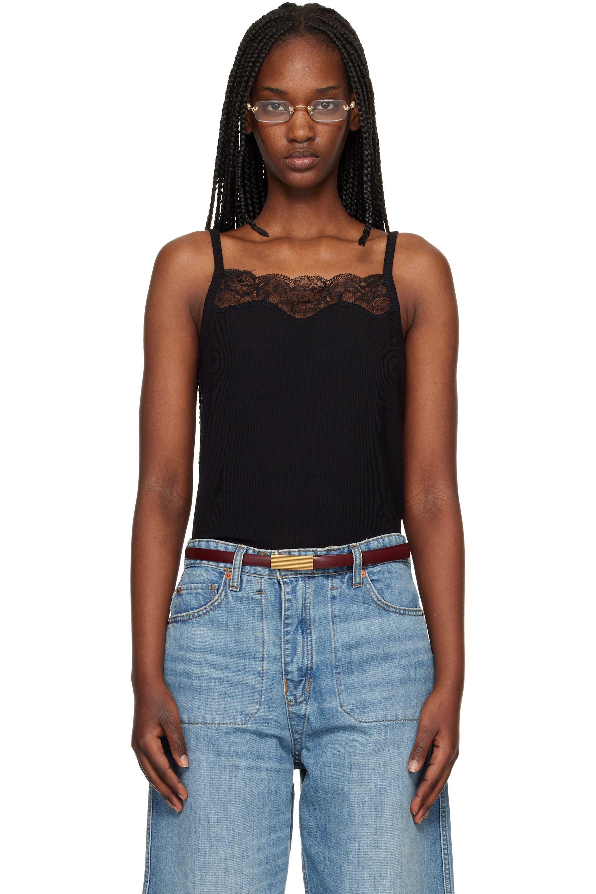Re/Done - Camisole noire en jersey côtelé à garniture en dentelle