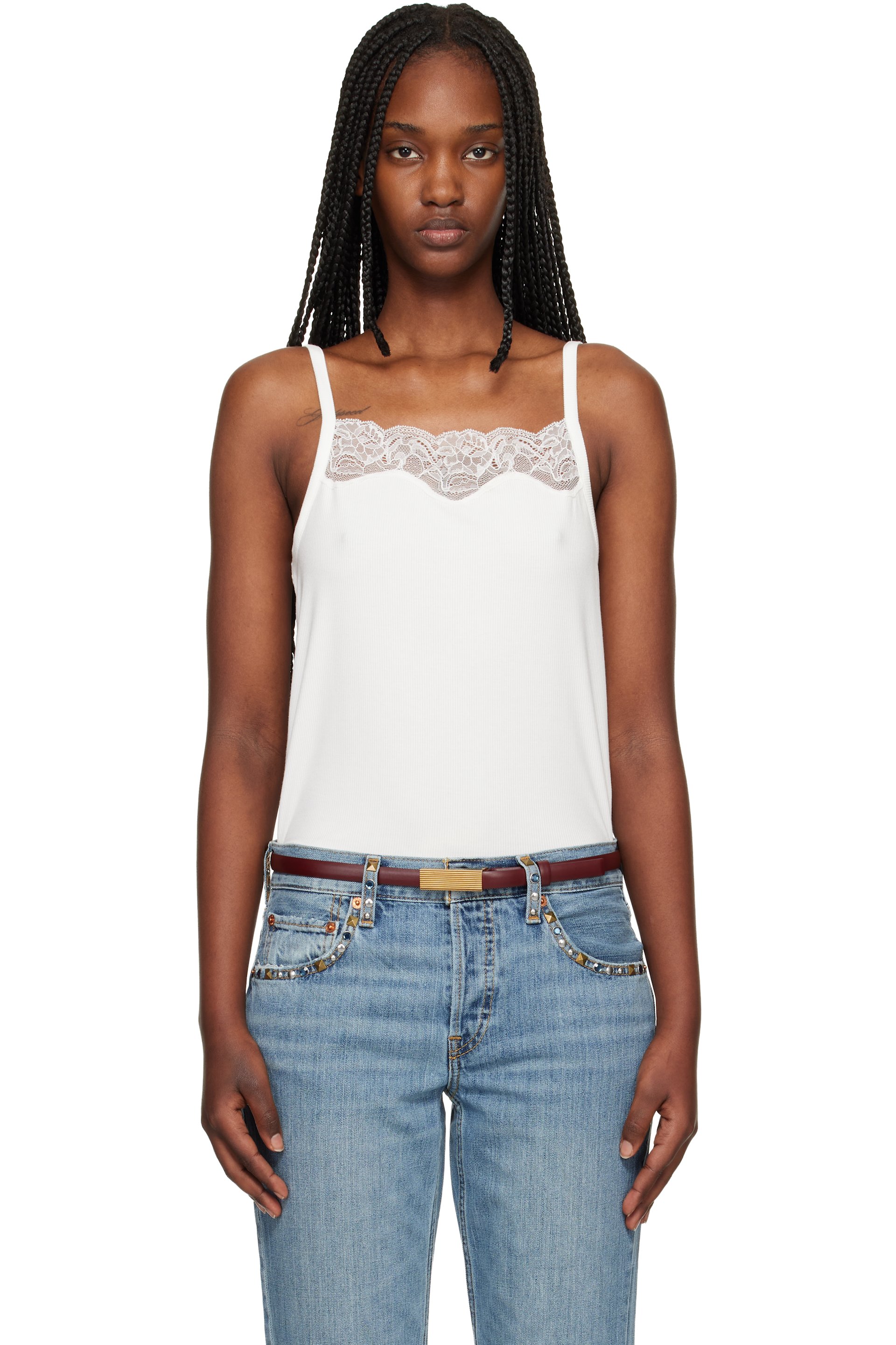Re/Done - Camisole blanc cassé en jersey côtelé à garniture en dentelle