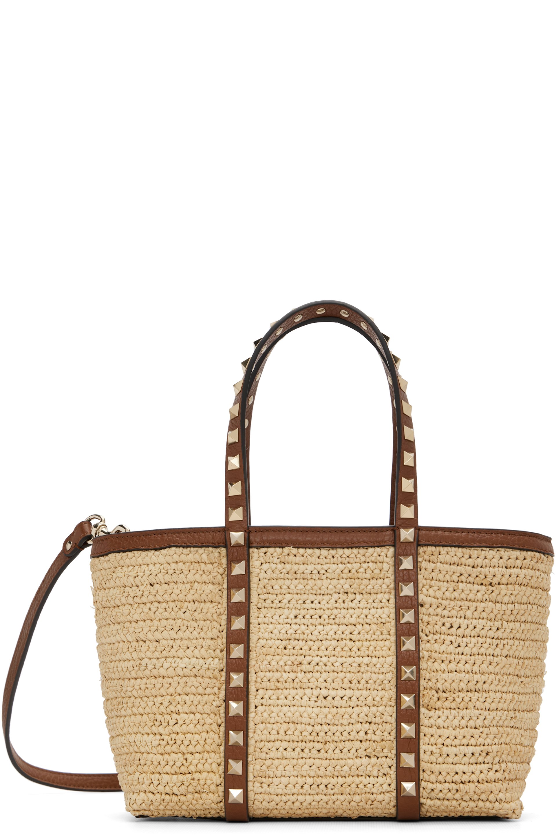 Valentino Garavani - Mini sac beige en raphia à clous Rockstud