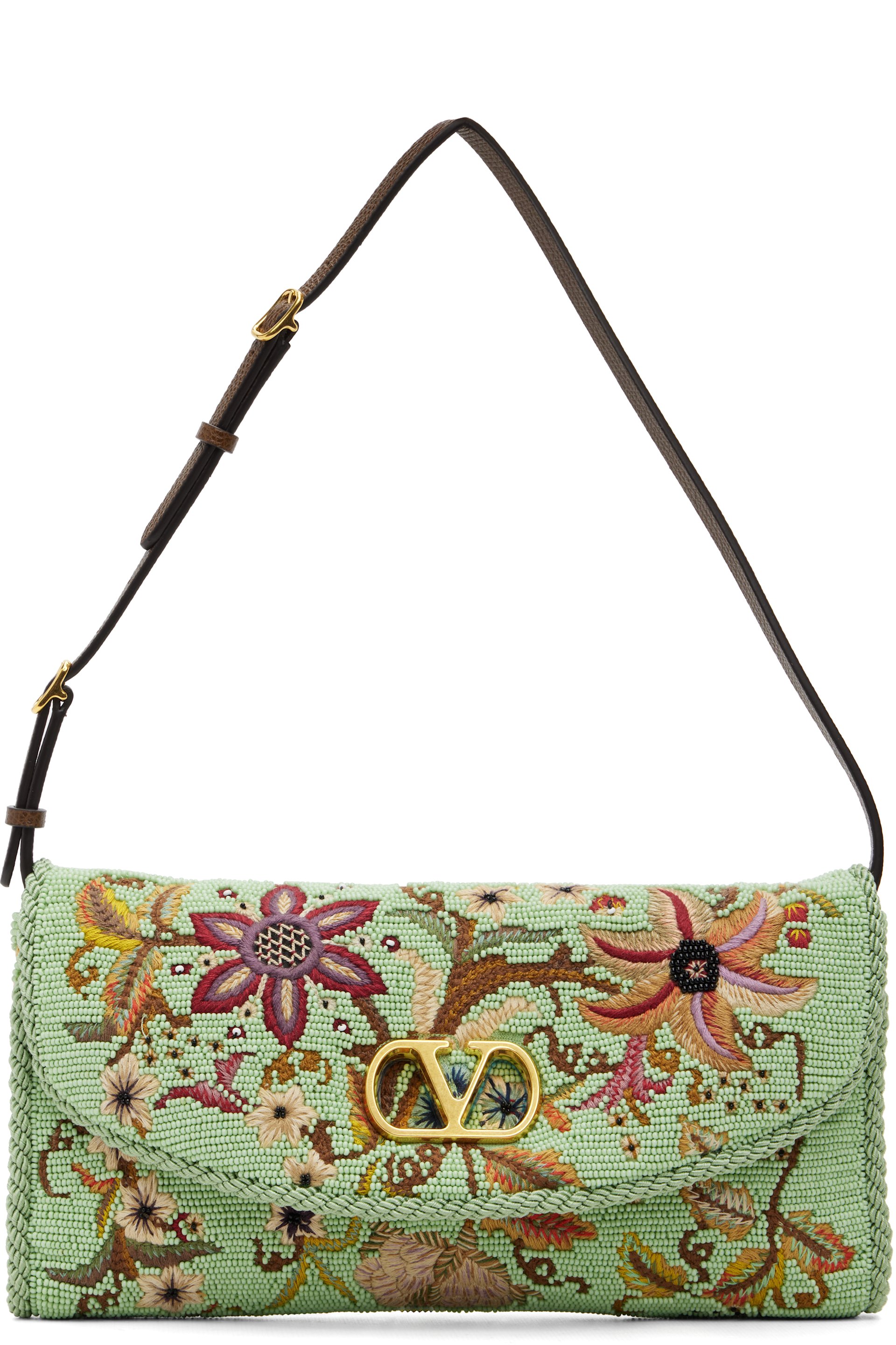 Valentino Garavani - Petit sac porté épaule DeVain vert à motif fleuri brodé
