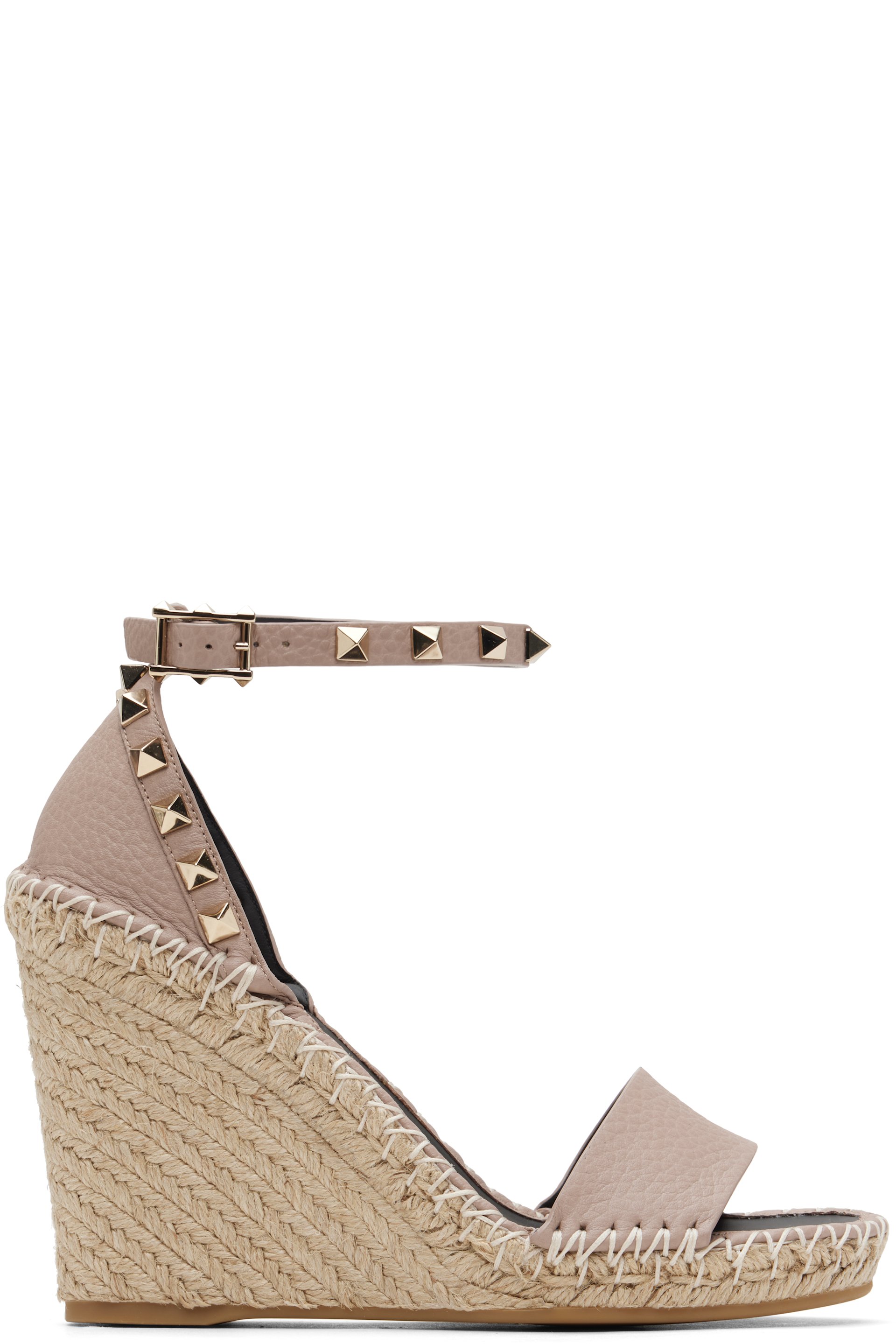 Valentino Garavani - Sandales à talon compensé Double rose en cuir de veau grainé à clous Rockstud