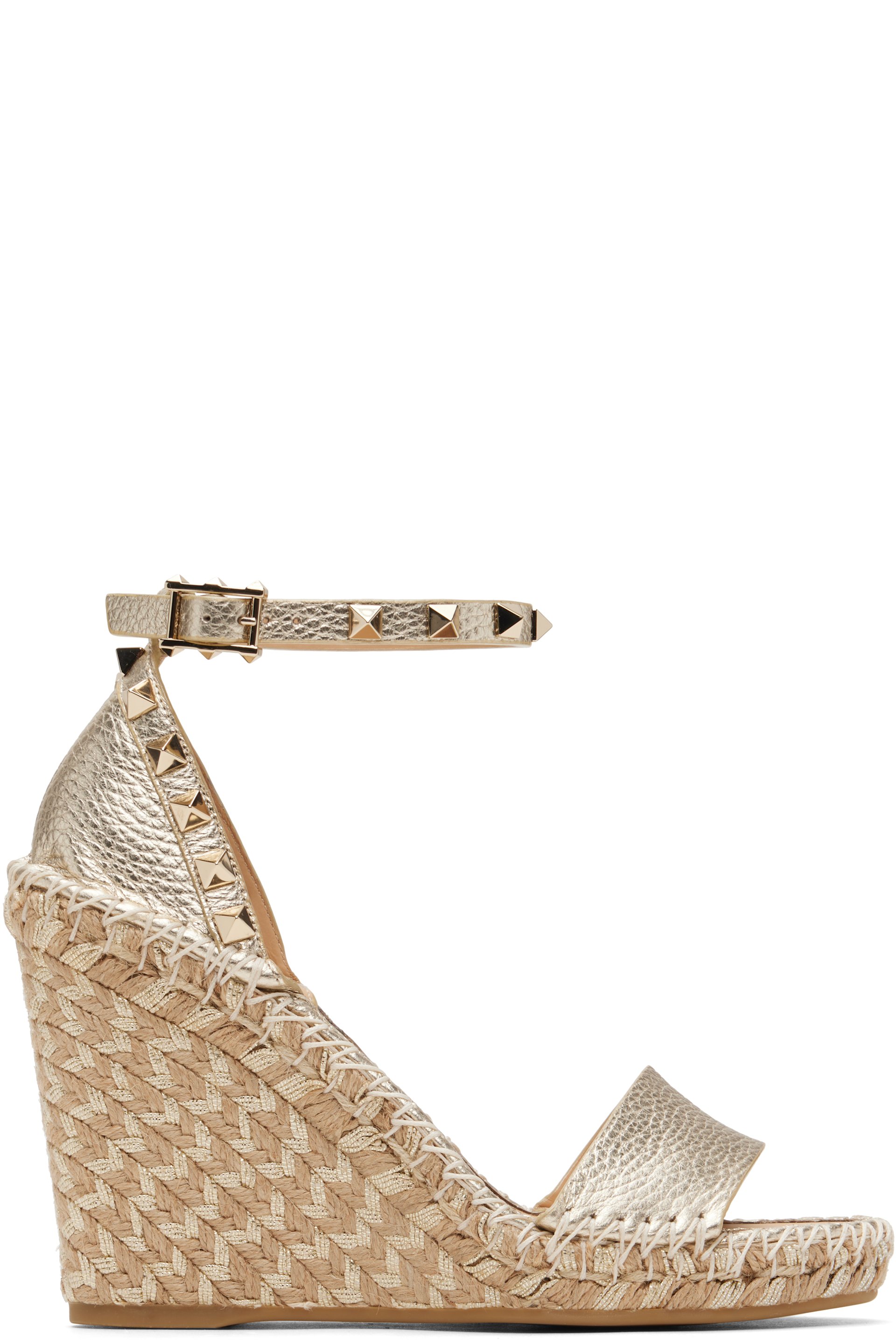Valentino Garavani - Sandales à talon compensé Double argentées en cuir de veau grainé à clous Rockstud