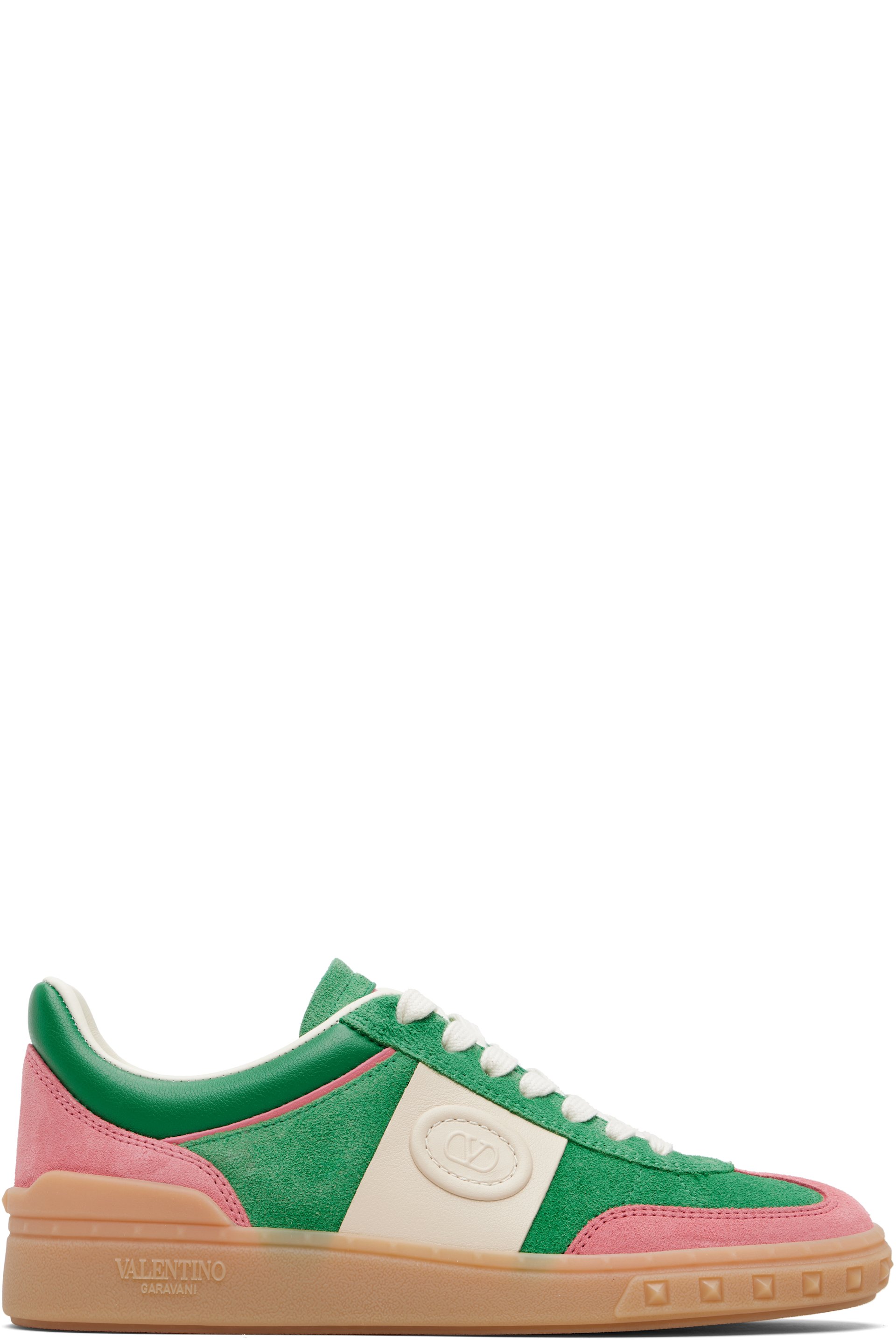 Valentino Garavani - Baskets Upvillage vert et rose en cuir refendu