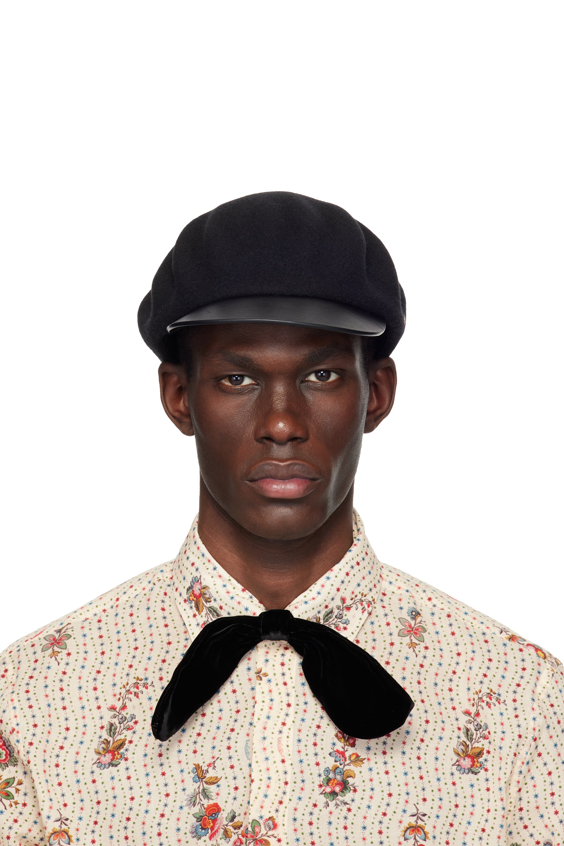 Valentino Garavani - 黑色 VLogo Leather Visor Signature Wool 报童帽