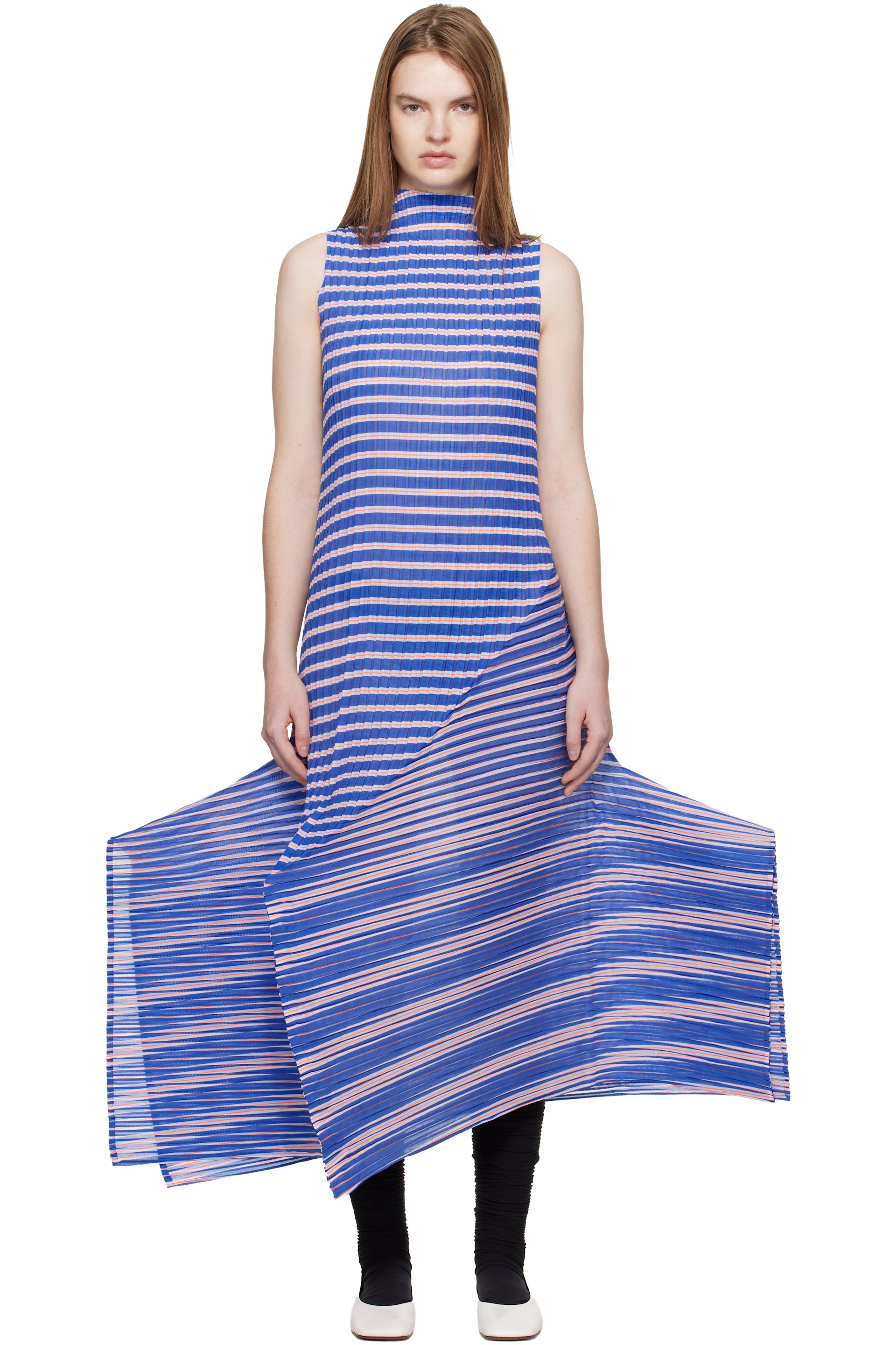 Issey Miyake - Robe midi bleu marine à rayures Generic et à plissures faites par machine