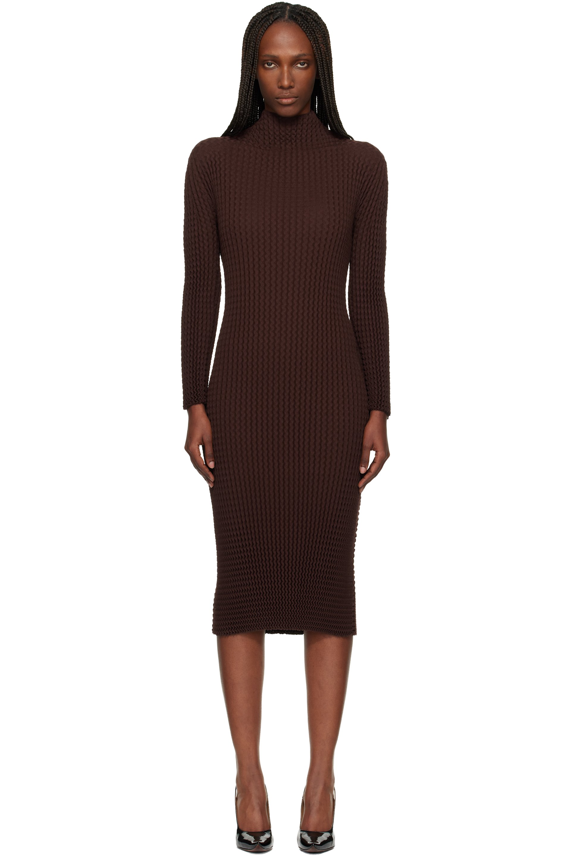 Issey Miyake - Robe midi October Spongy-58 brune