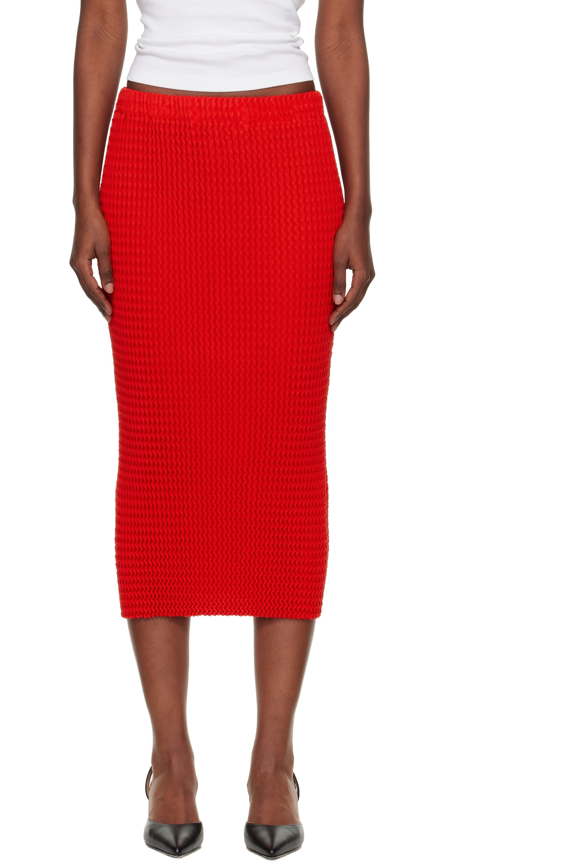 Issey Miyake - Jupe midi October Spongy-58 rouge