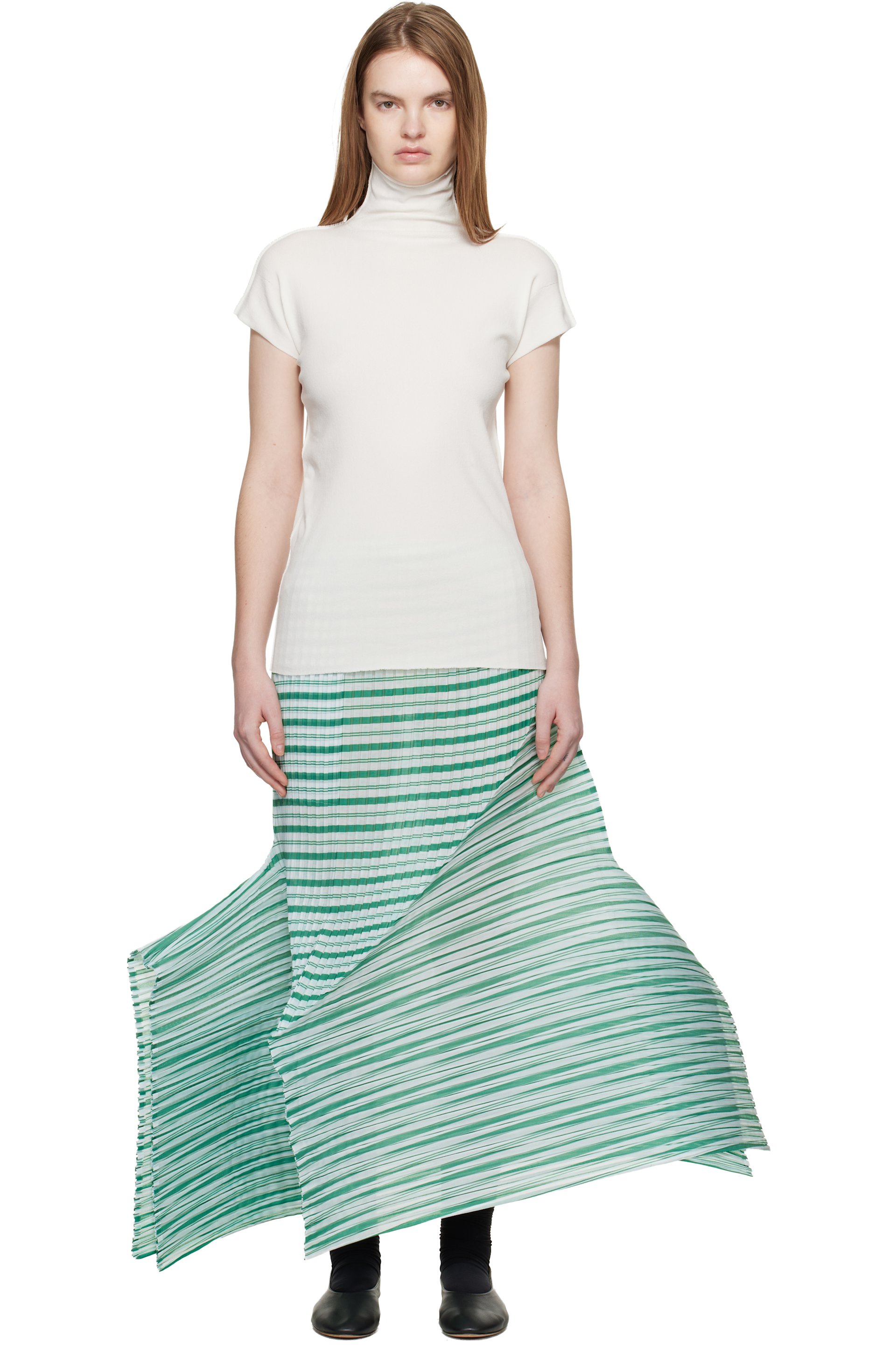 Issey Miyake - Jupe midi verte à rayures Generic et à plissures faites par machine