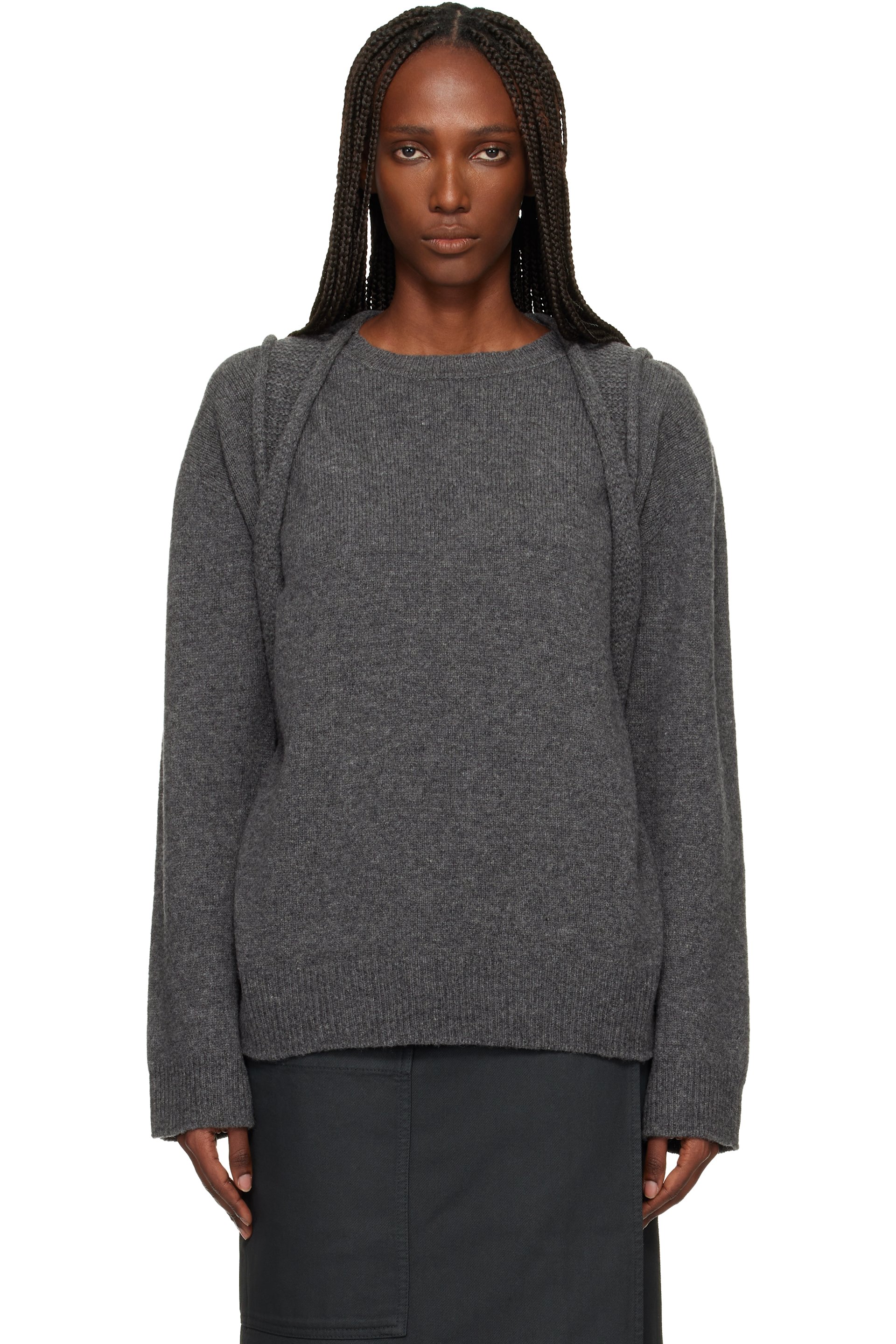 Issey Miyake - Pull gris en tricot à garniture de style bretelles