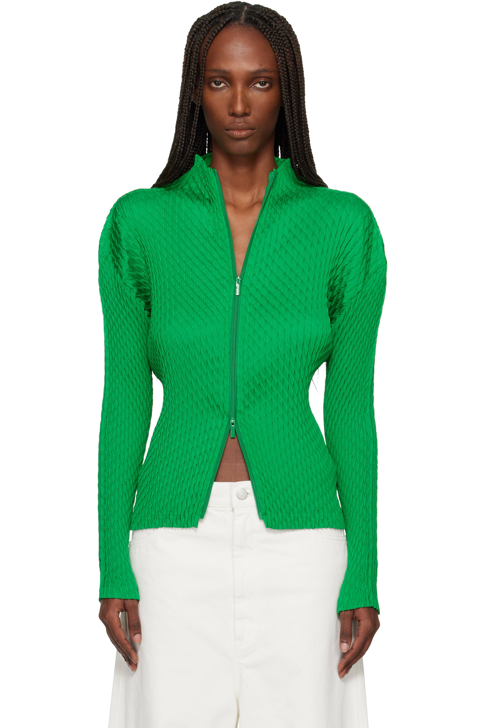 Issey Miyake - Cardigan vert en satin Sleek à plissures
