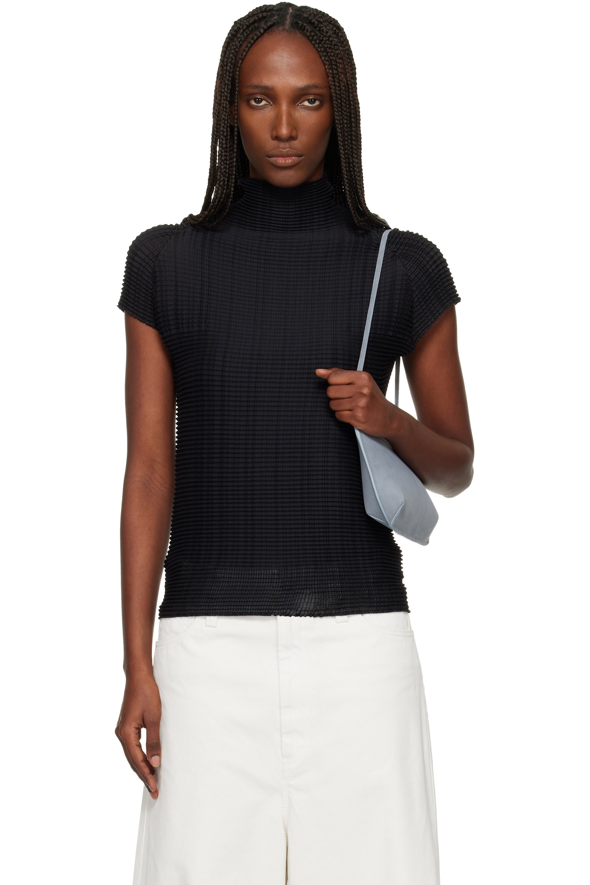 ISSEY MIYAKE: Black Wooly Pleats Top | SSENSE