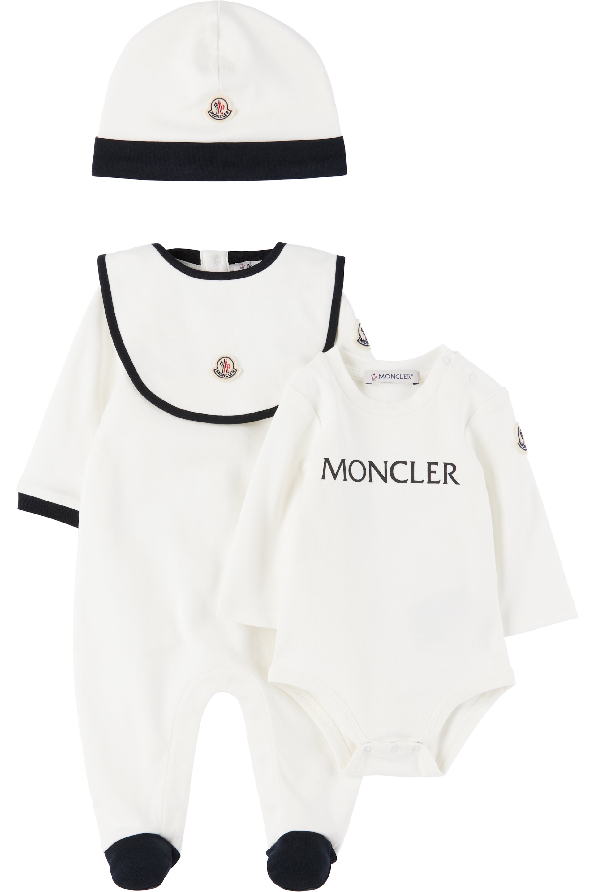 Moncler Enfant: Baby White & Navy Logo Jumpsuit Set | SSENSE