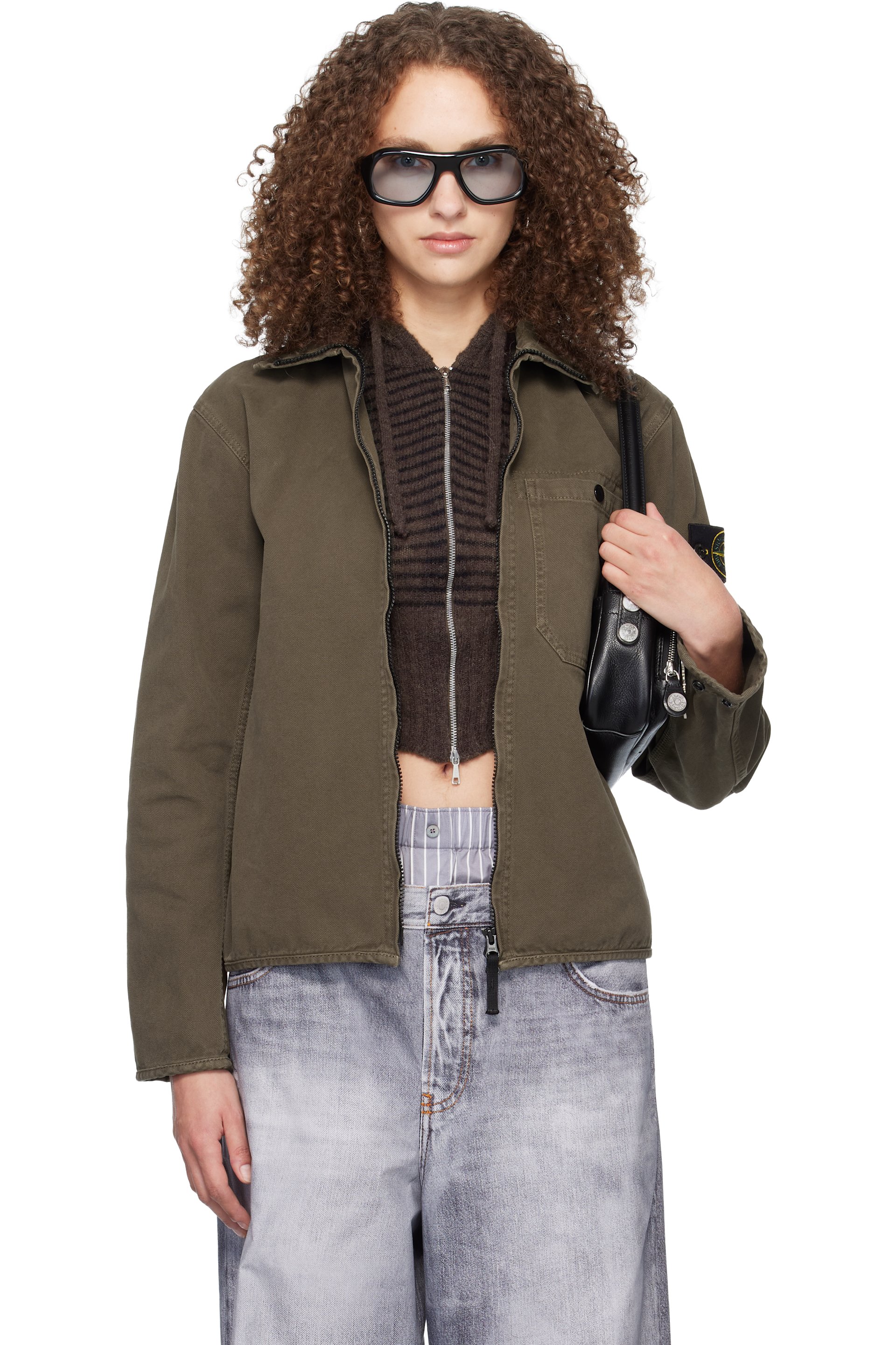 Stone Island - Blouson 1200014 brun en coton panama bio à effet vieilli emblématique