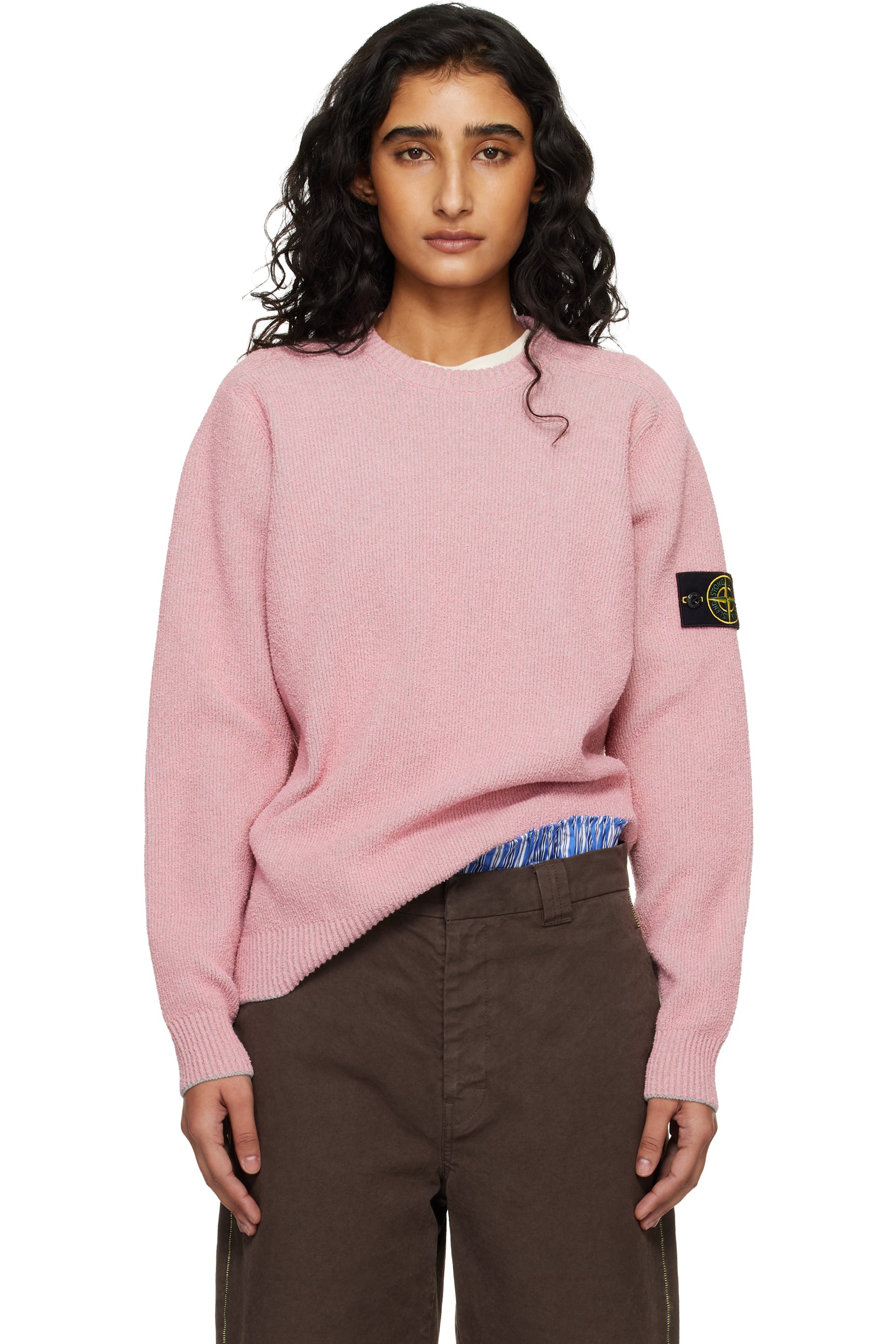 Stone Island - Pull 5100033 rose en tricot côtelé plat de coton bouclé