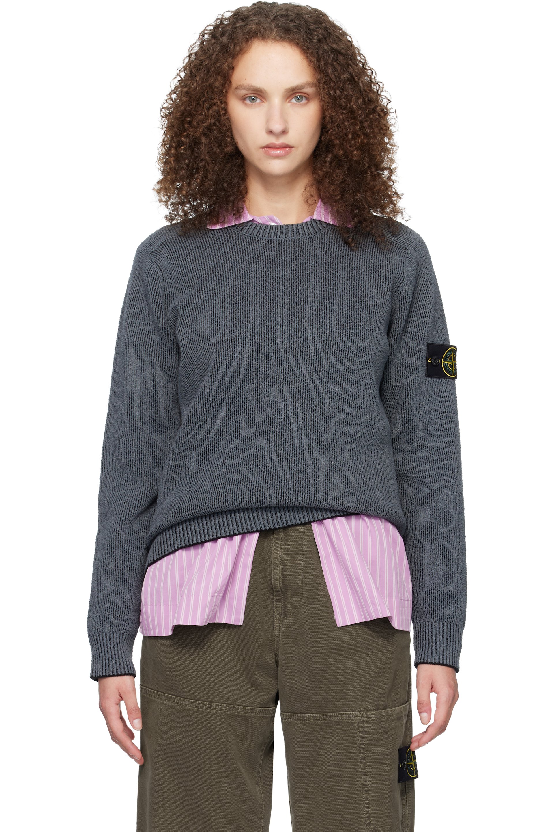 Stone Island - Pull 5100033 gris en tricot côtelé plat de coton bouclé
