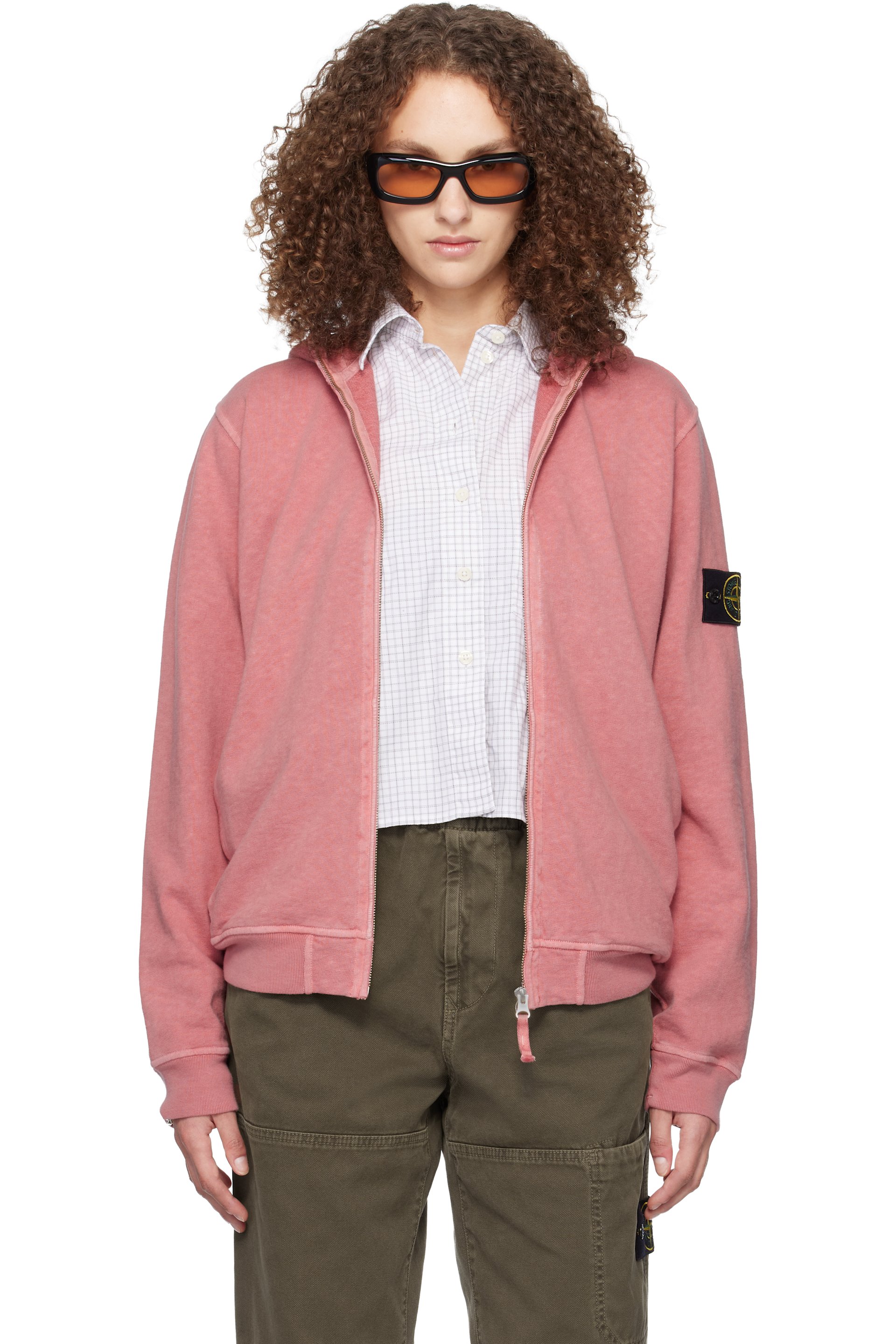 Stone Island - Pull à capuche 6100032 rose en coton à fil irrégulier à effet vieilli emblématique