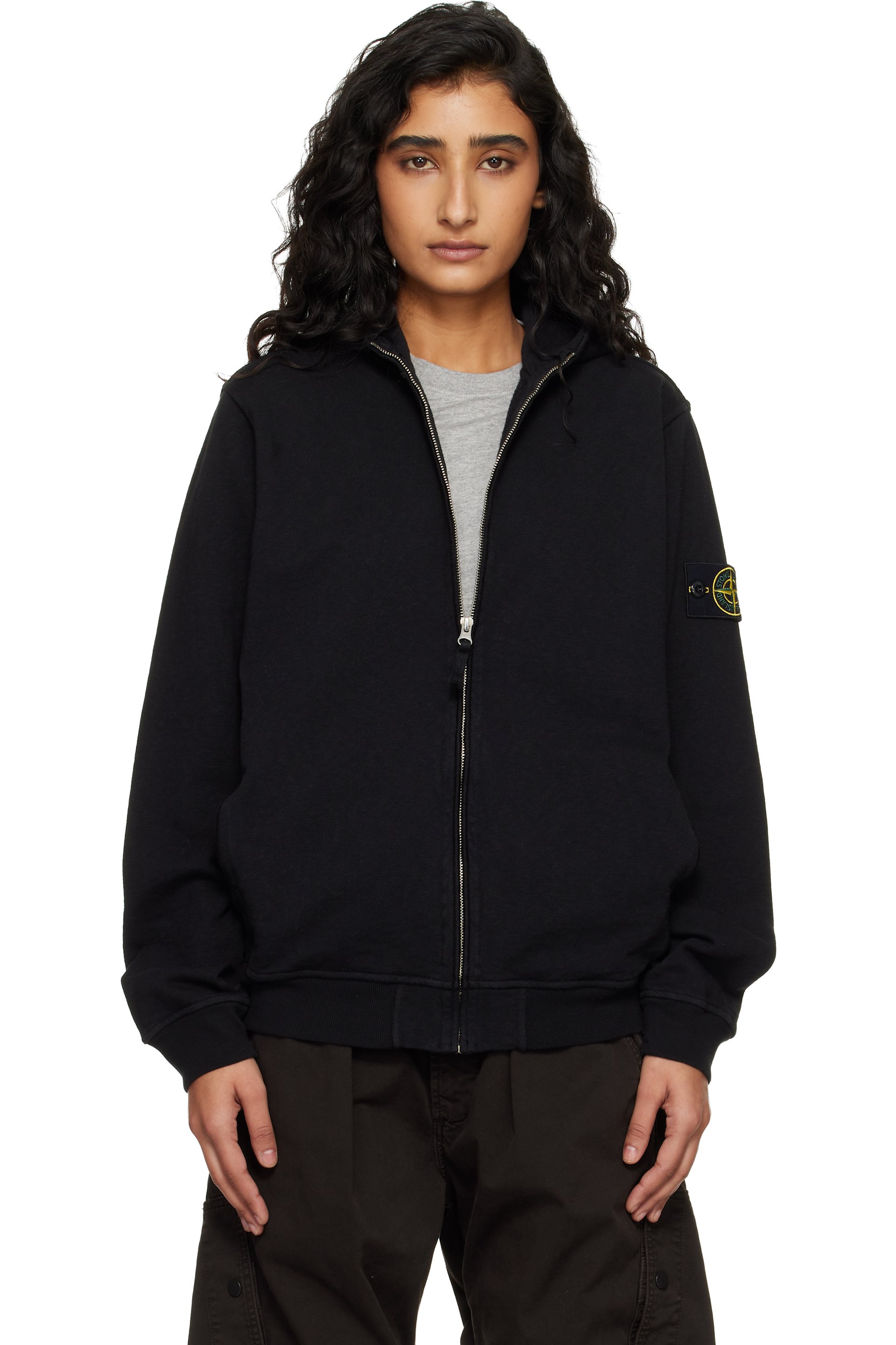 Stone Island - Pull à capuche 6100032 noir en coton à fil irrégulier à effet vieilli emblématique