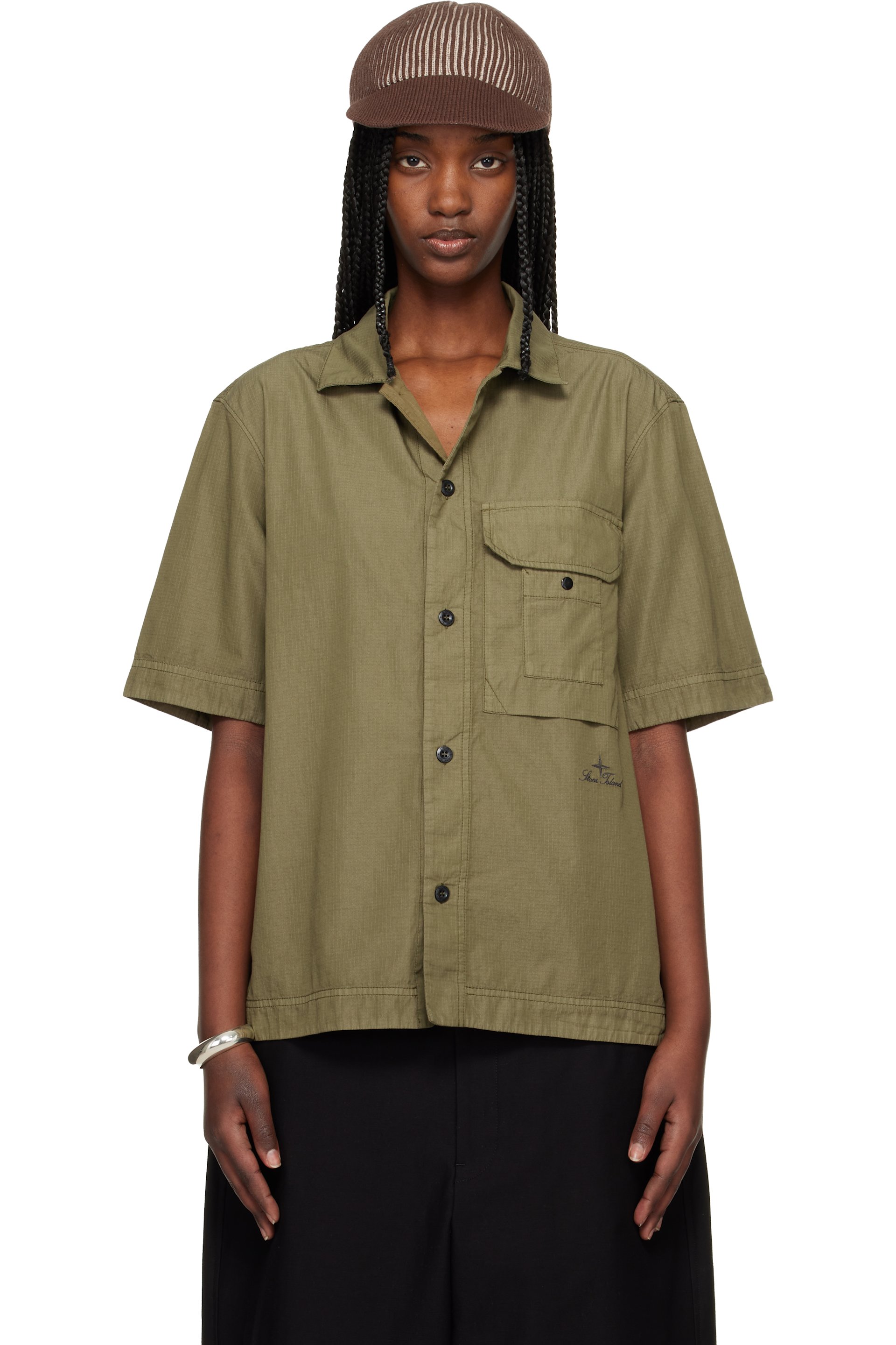 Stone Island - Chemise 1100026 kaki en micro tissu antidéchirures de coton et nylon